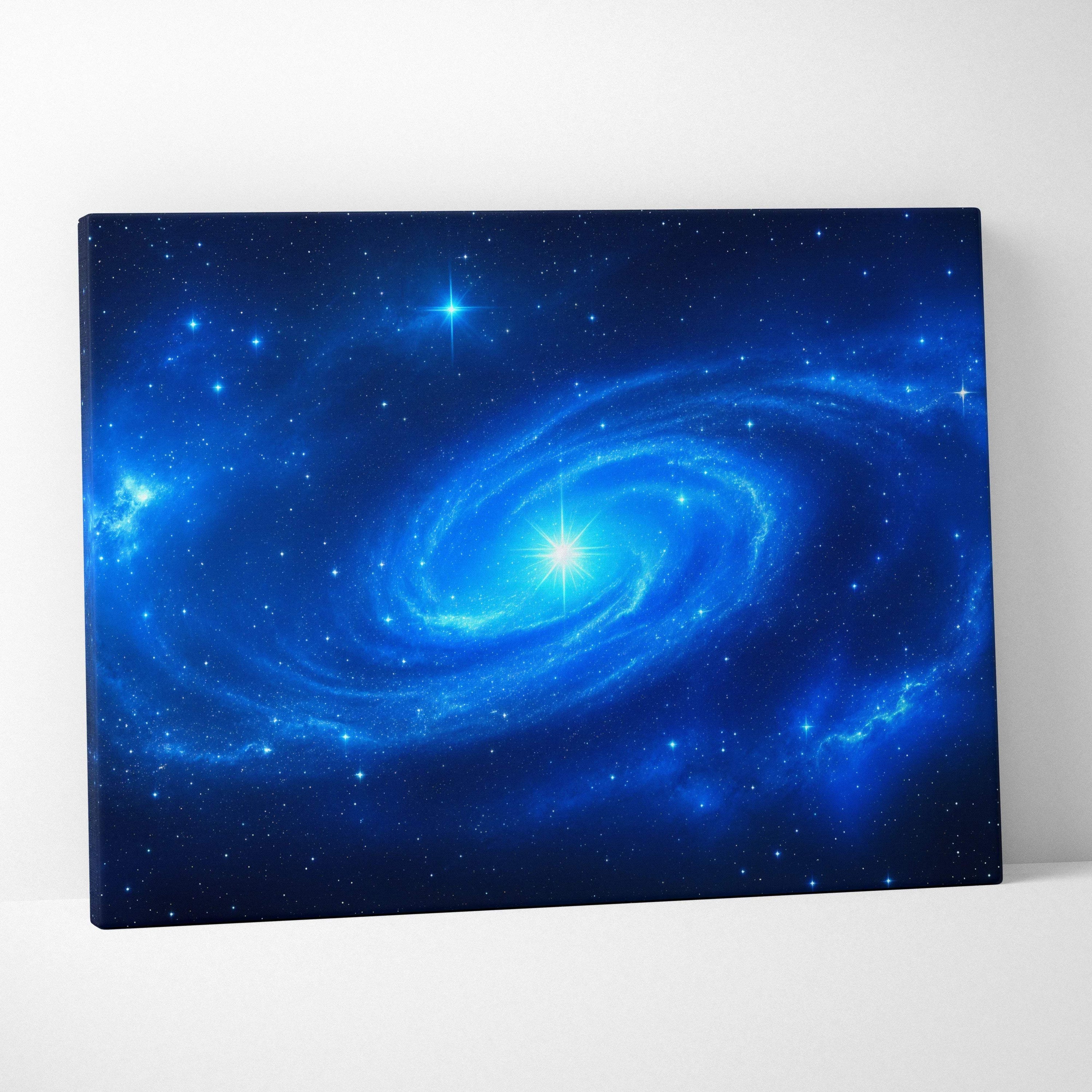 Blue spiral galaxy canvas wall art with luminous core and starry swirls