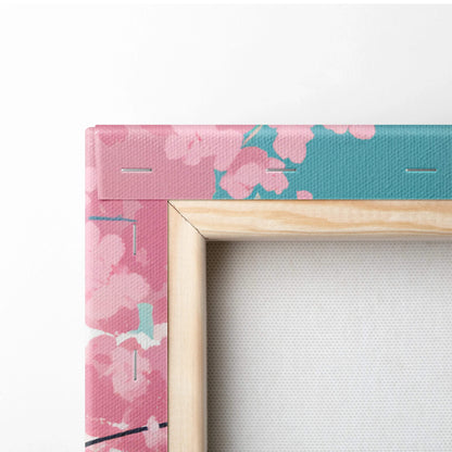 Back of Japanese style red pagoda lake cherry blossom canvas in pink teal floral frame