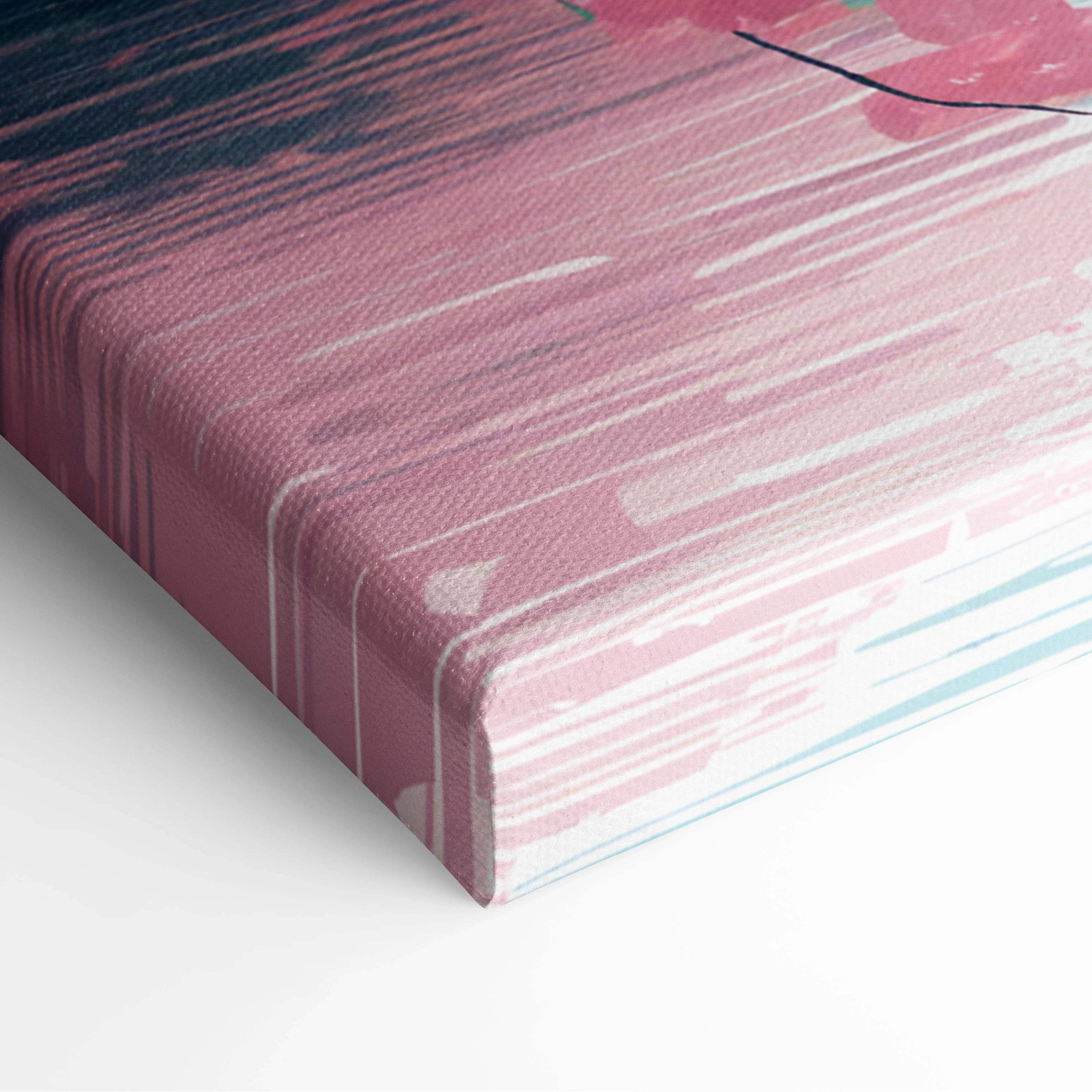 Pink and white abstract textured canvas painting of Japanese red pagoda serene lake cherry blossoms