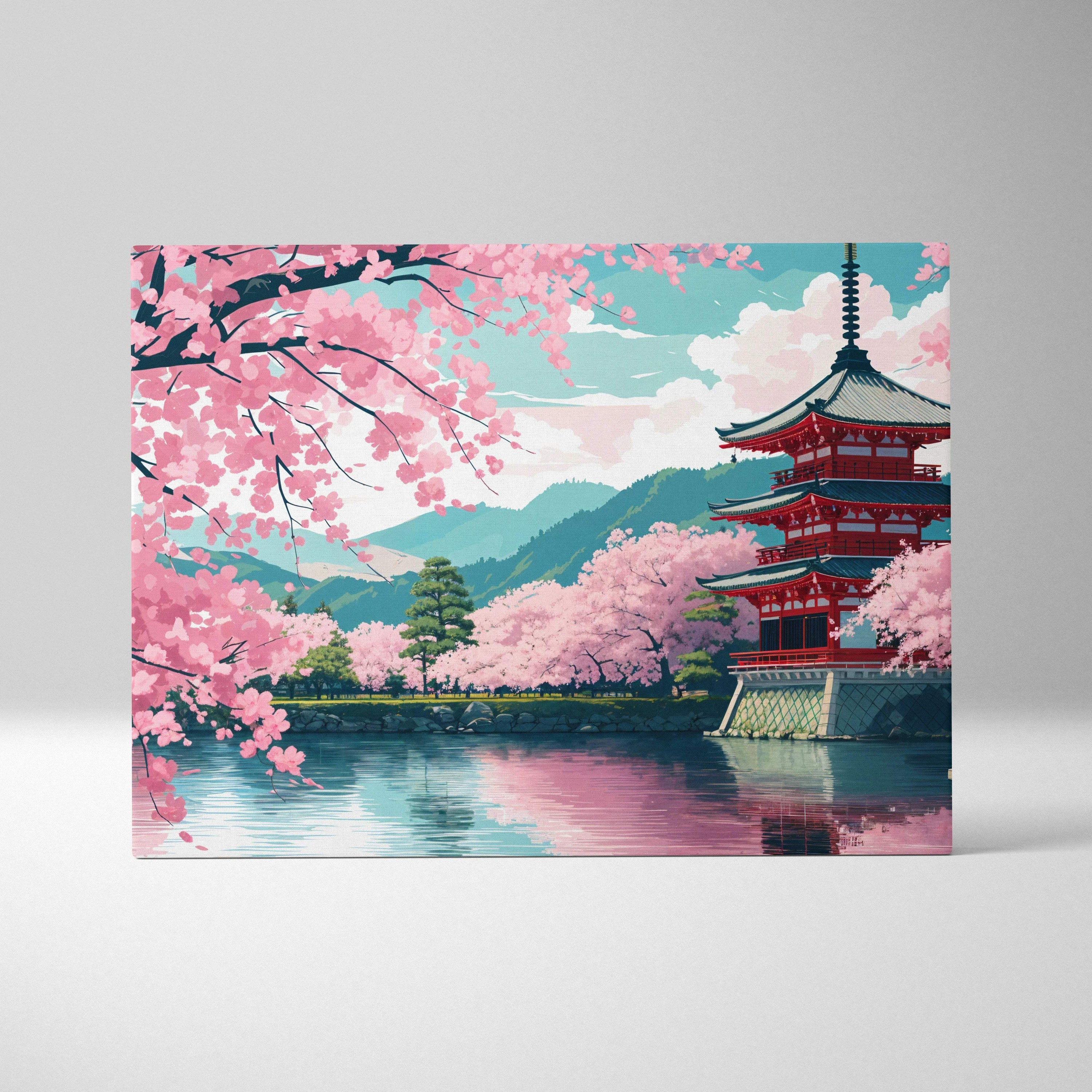 Japanese red pagoda by serene lake amid cherry blossoms pastel sky art