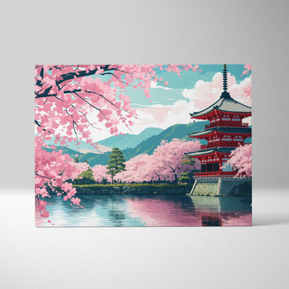 Japanese red pagoda by serene lake amid cherry blossoms pastel sky art