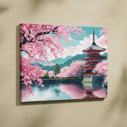 Japanese red pagoda by serene lake amid cherry blossoms pastel sky canvas art