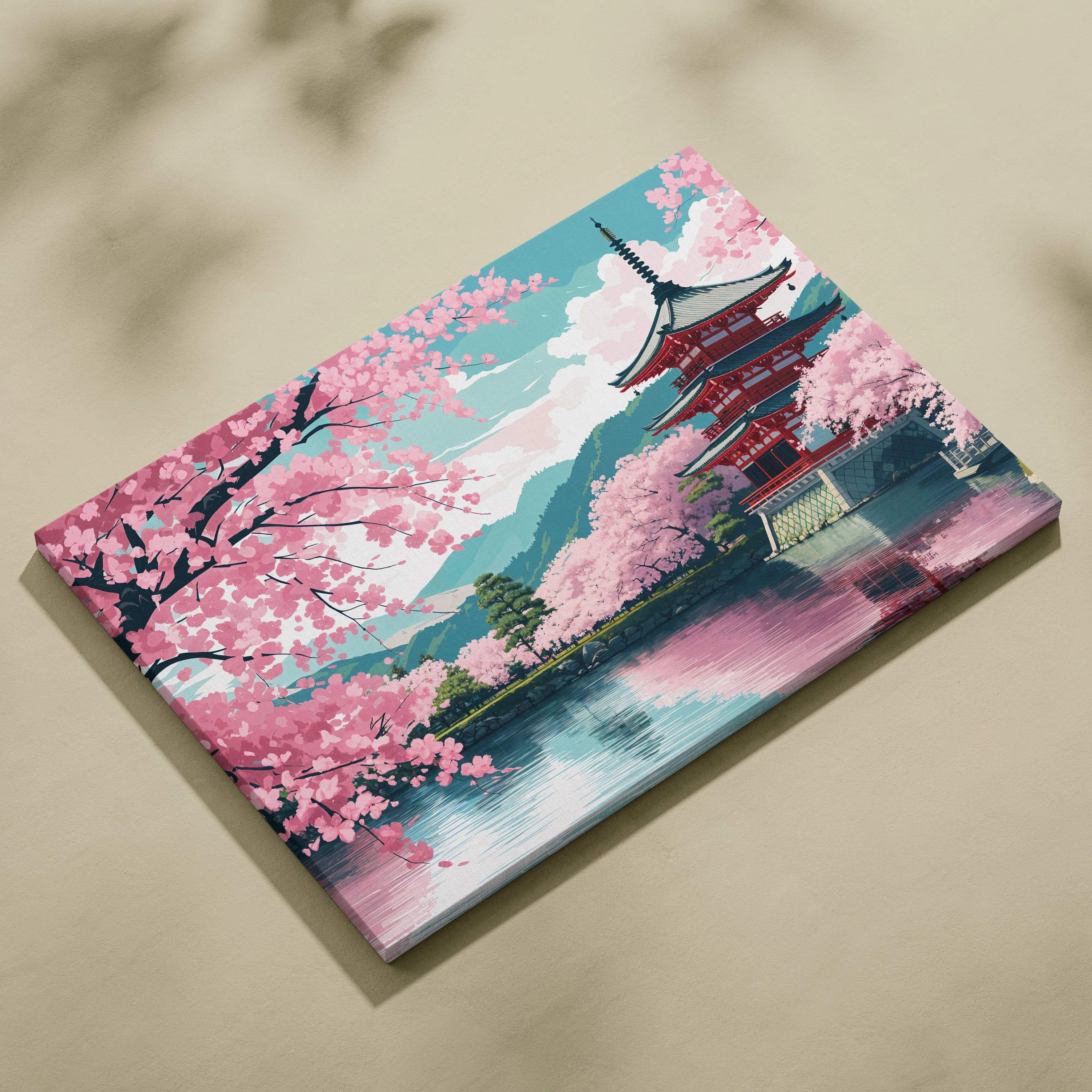 Japanese red pagoda by serene lake amid cherry blossoms canvas art