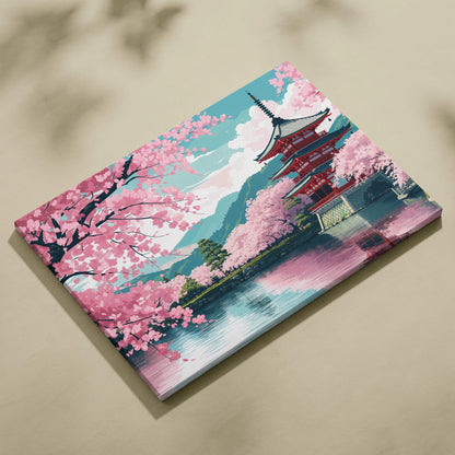 Japanese red pagoda by serene lake amid cherry blossoms canvas art