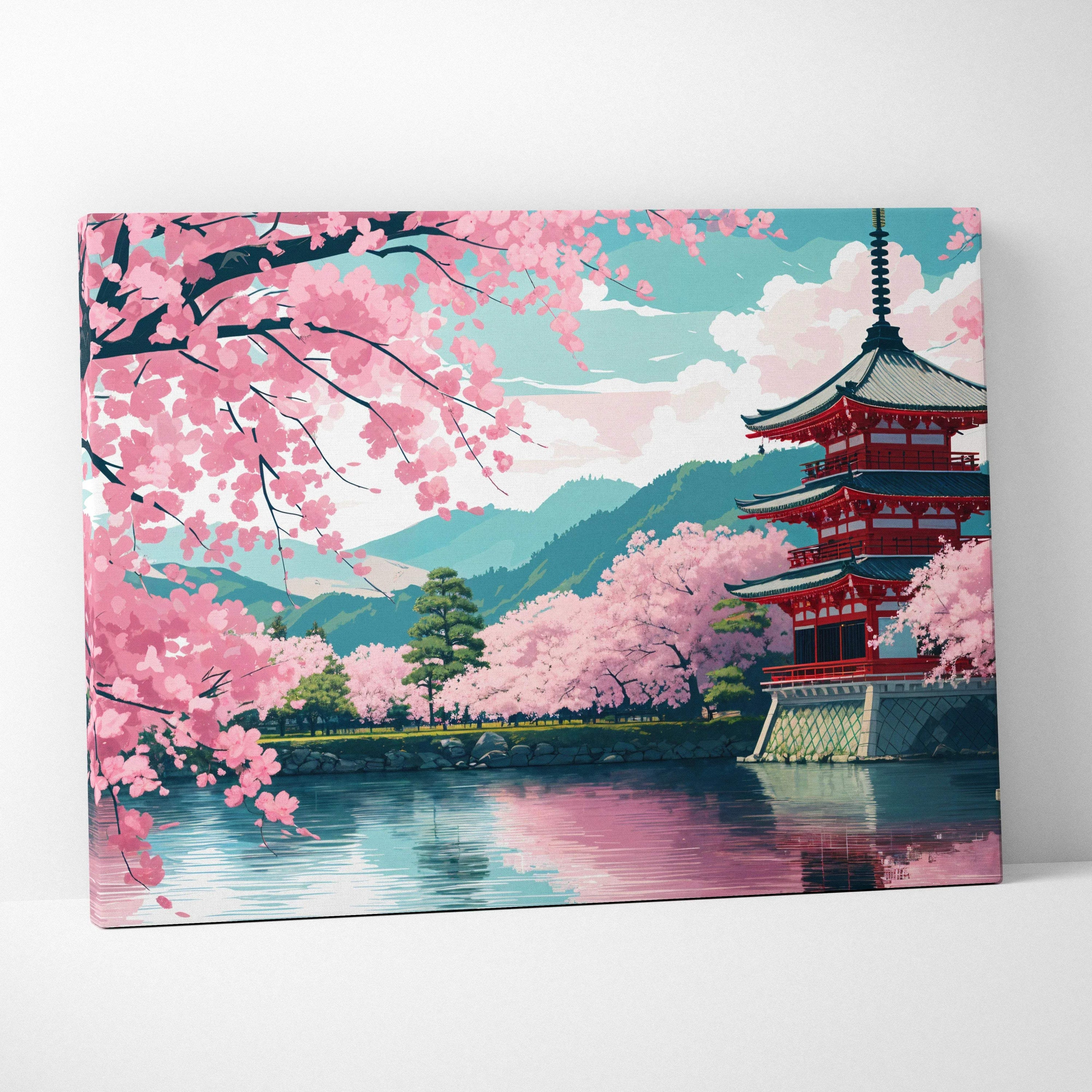 Japanese red pagoda by serene lake amid cherry blossoms canvas art