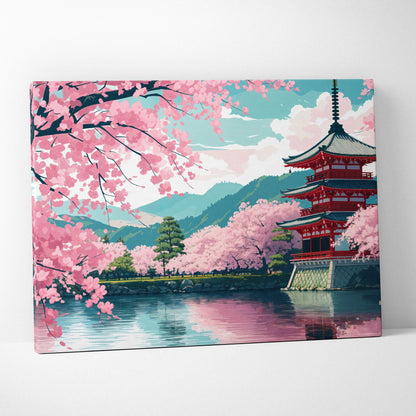 Japanese red pagoda by serene lake amid cherry blossoms canvas art