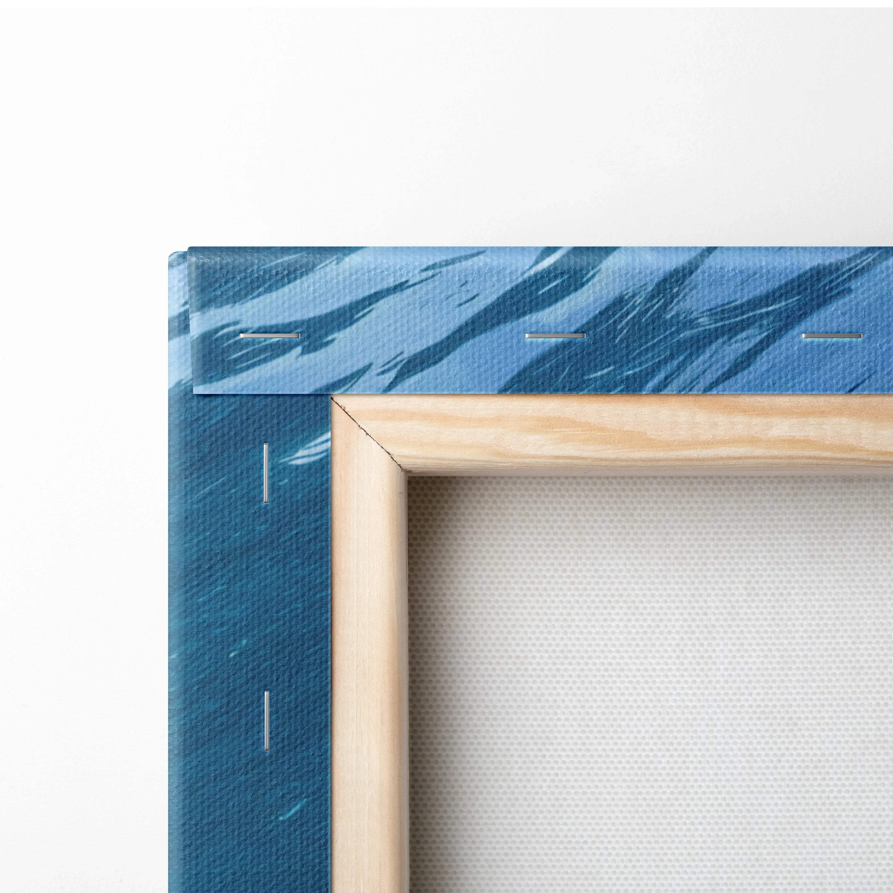 Blue textured canvas back with stitching in light wood frame