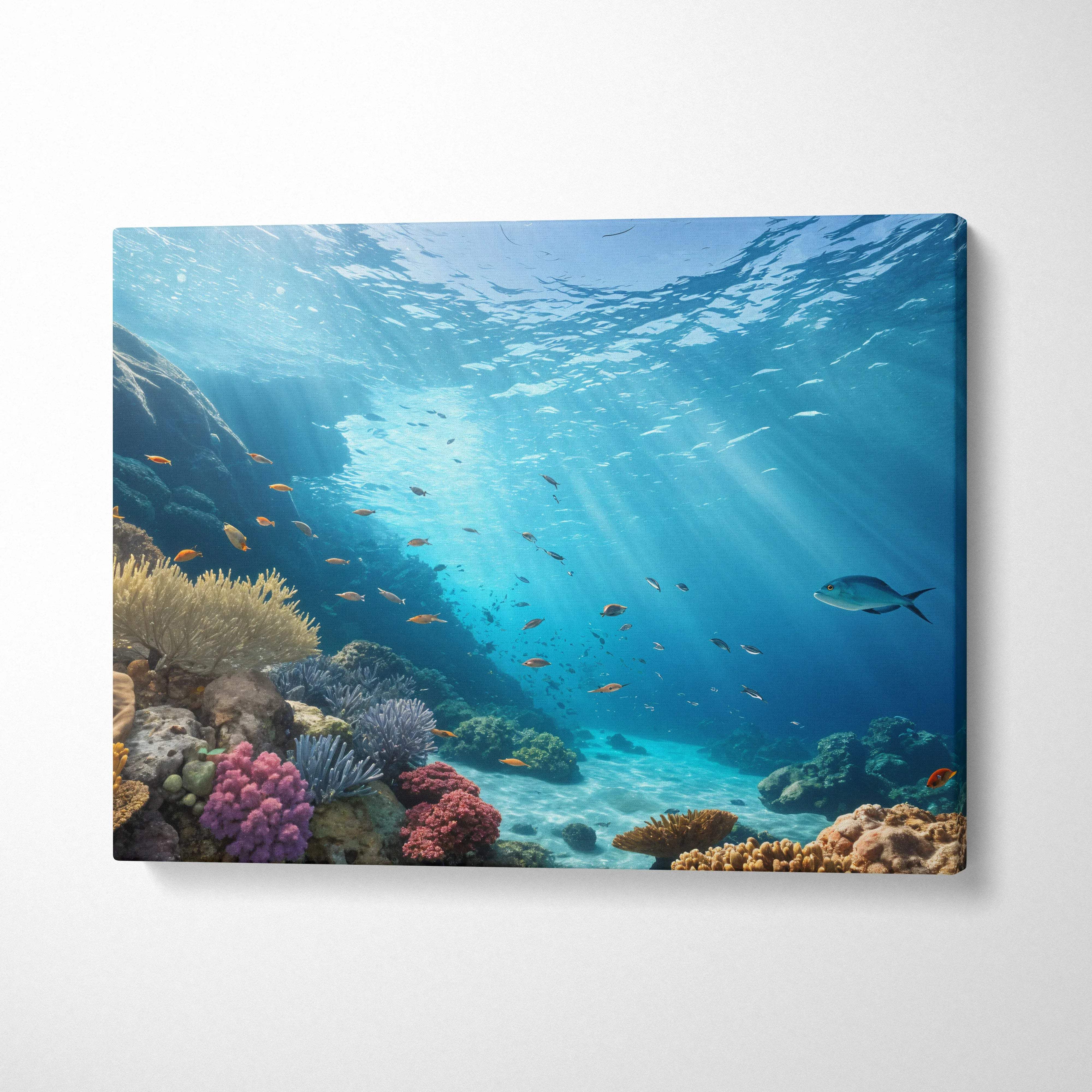 Sunlit coral reef canvas wall art with colorful corals, fish in azure blue waters