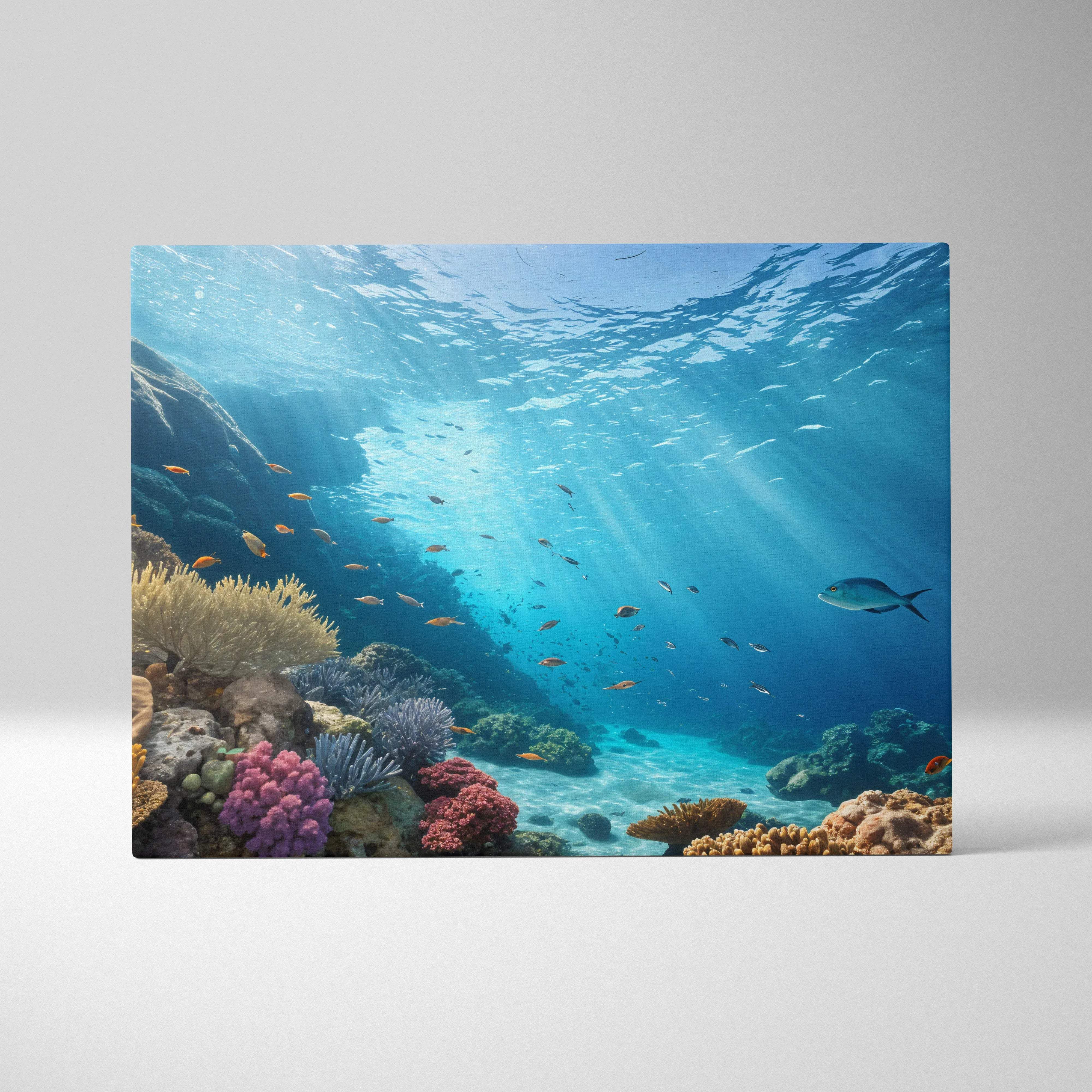 Vibrant sunlit coral reef canvas print with colorful corals fish in azure blue