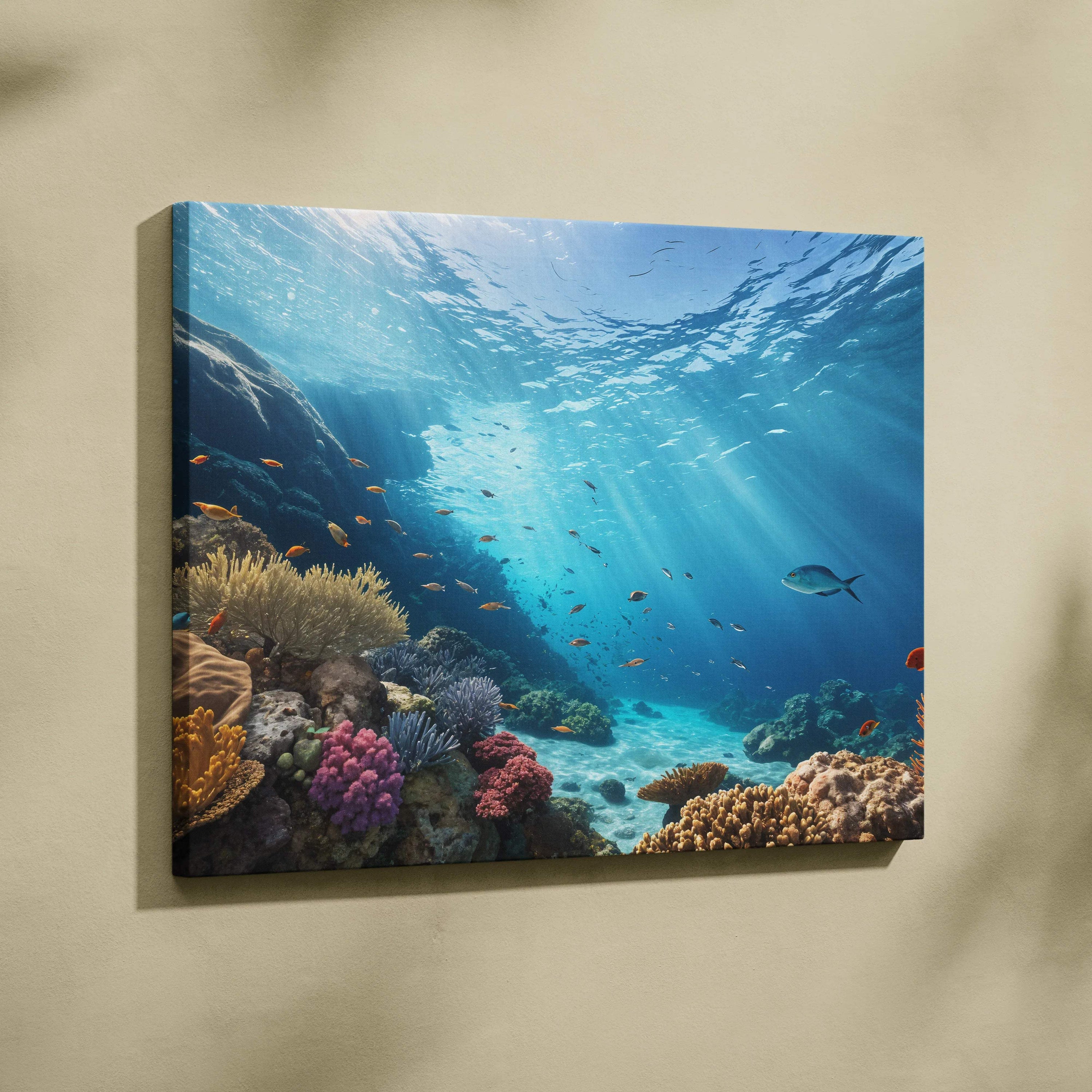 Sunlit coral reef canvas wall art with schools of fish in azure blue