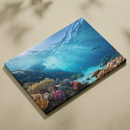Sunlit coral reef canvas wall art with colorful fish in azure blue
