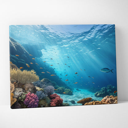 Sunlit coral reef canvas wall art with colorful fish in azure blue