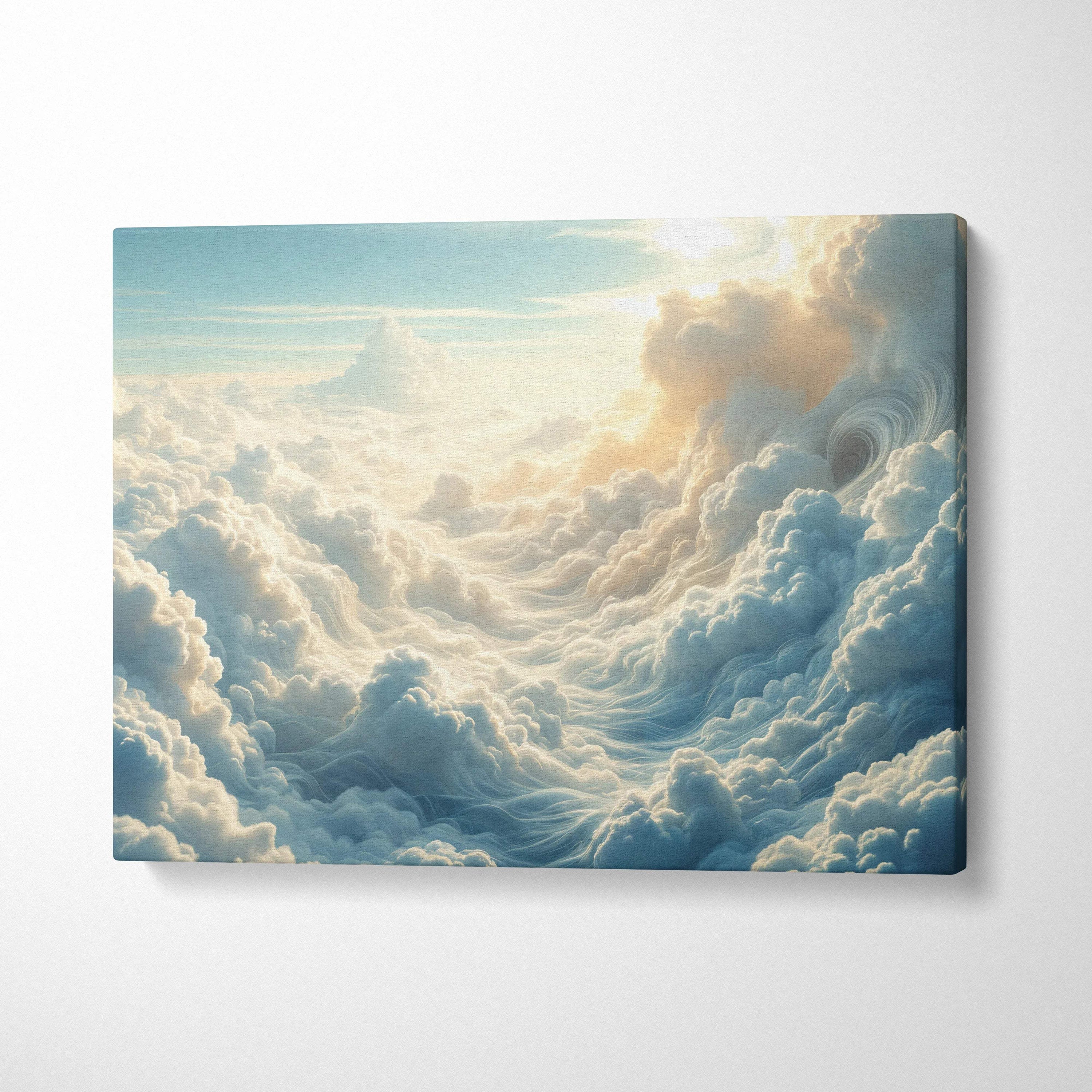 Heavenly cloudscape canvas wall art with billowing clouds and soft sunlight