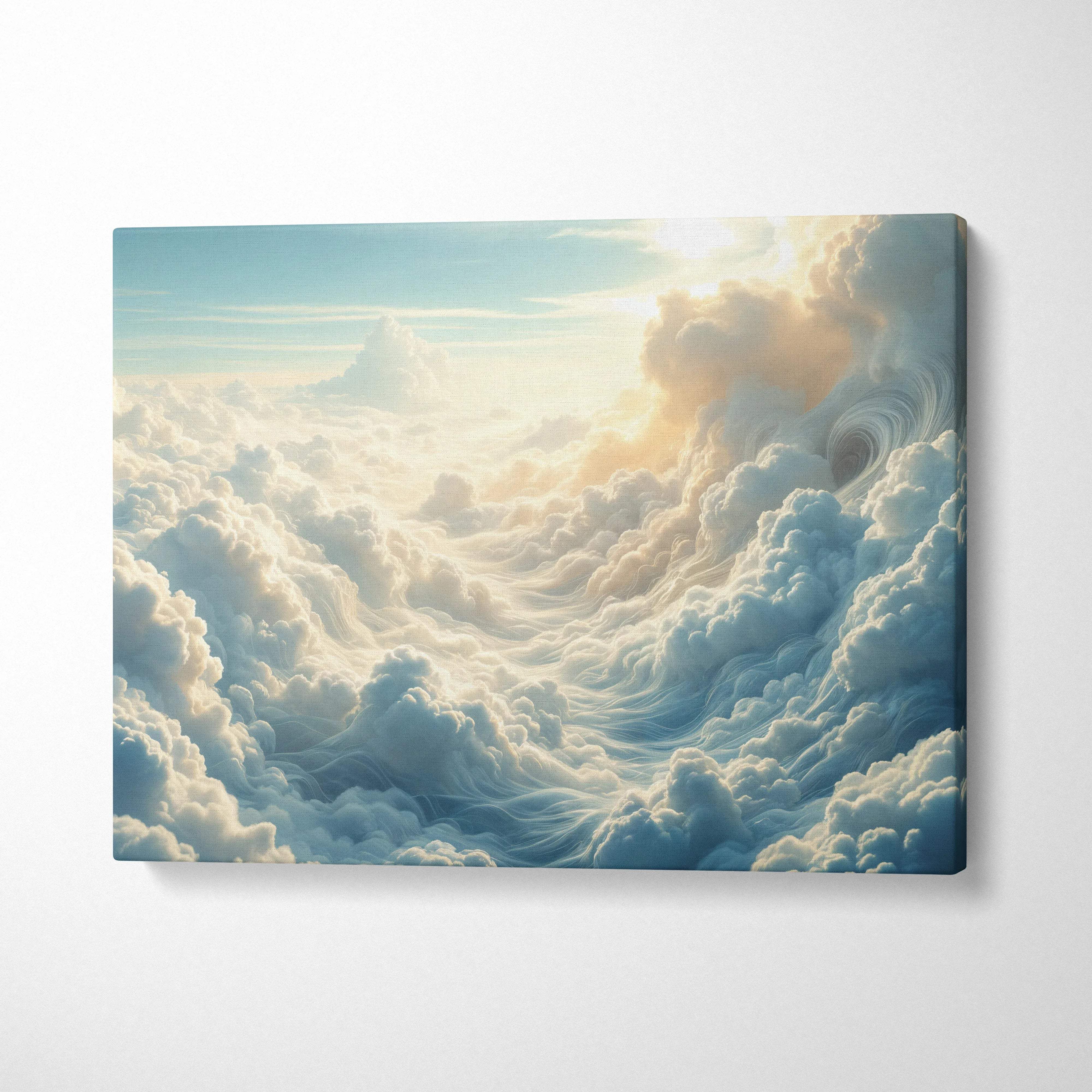 Heavenly cloudscape canvas wall art with billowing clouds and soft sunlight