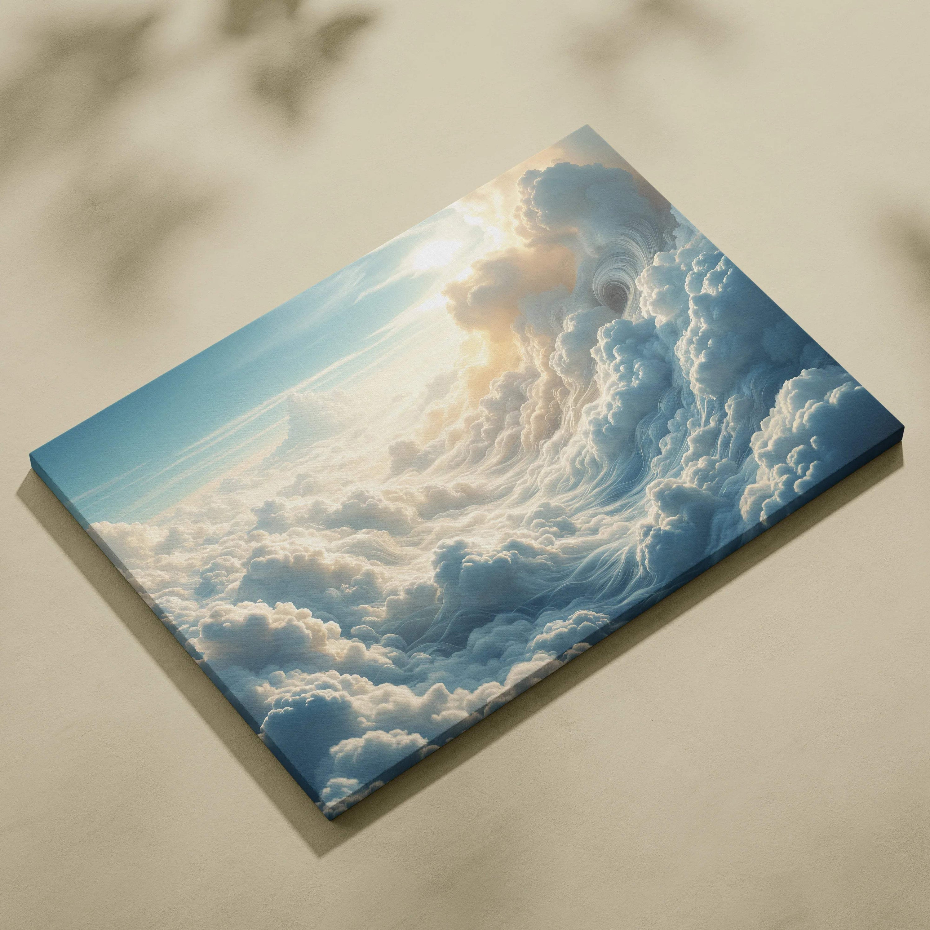 Heavenly cloudscape canvas print with billowing clouds and sunburst