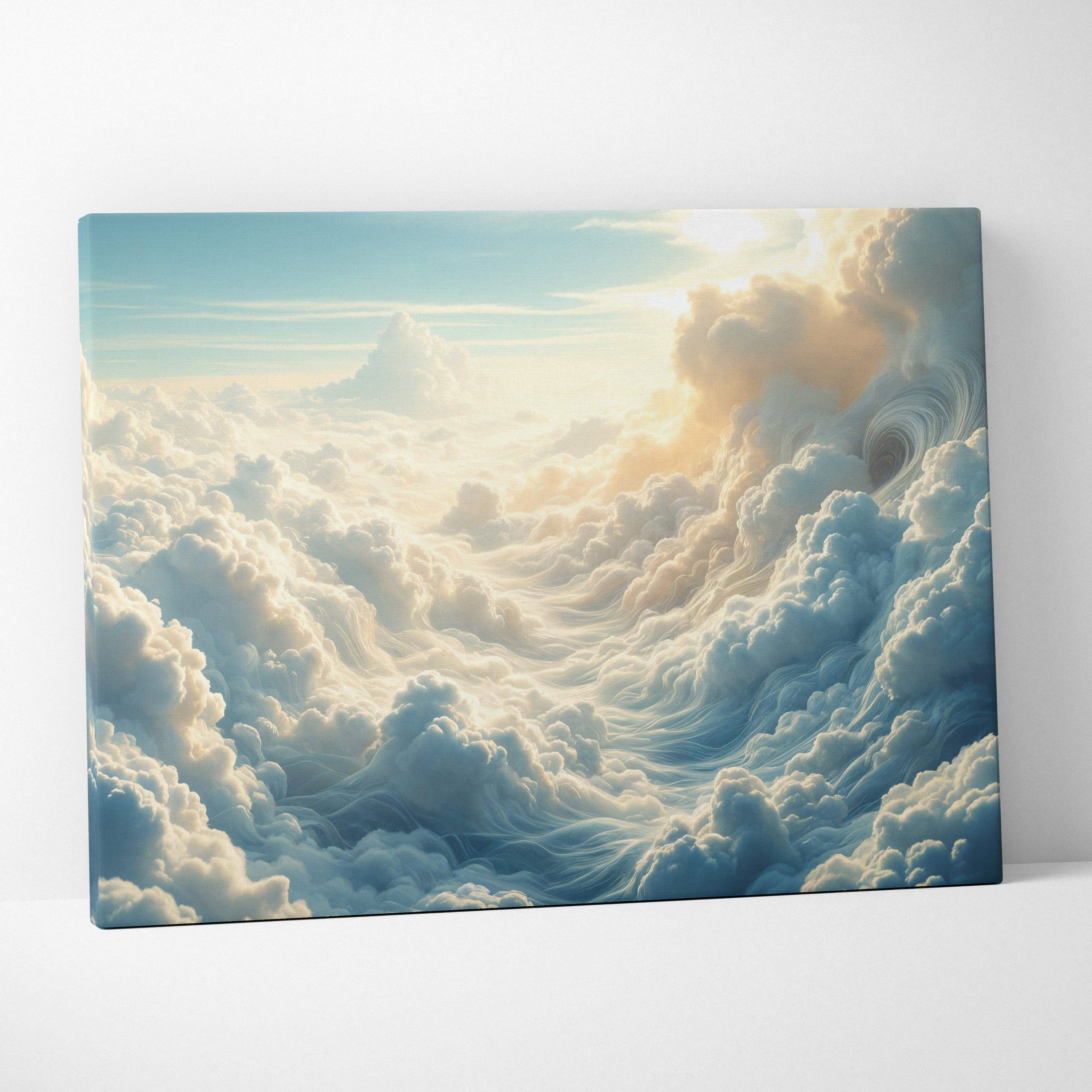 Heavenly cloudscape canvas wall art with billowing clouds and soft sunlight