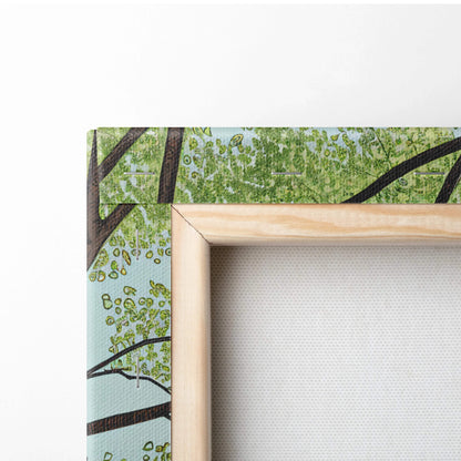 Peaceful birch tree in meadow canvas wall art, light wood frame