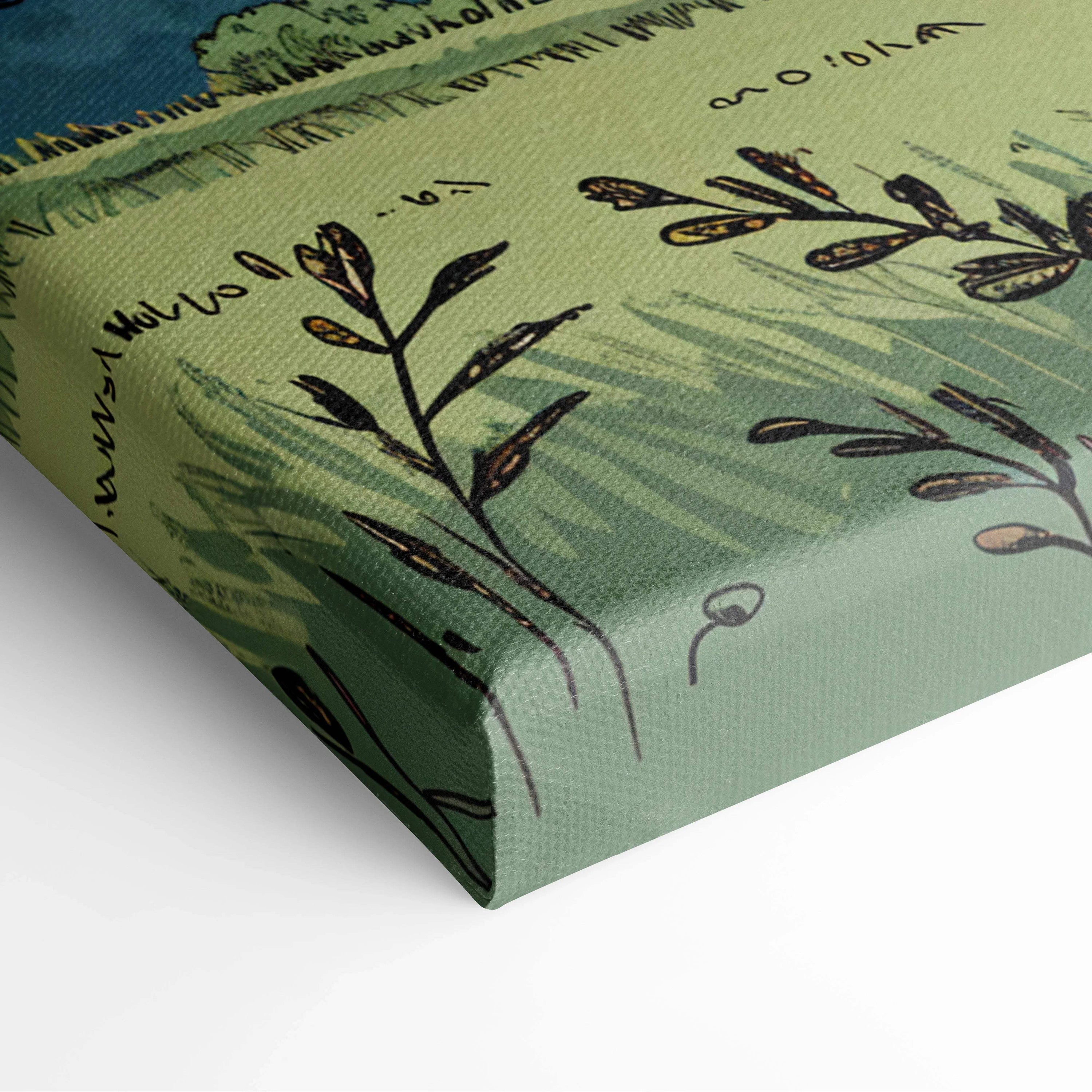 Peaceful birch tree meadow canvas art in pastel greens and sky blues