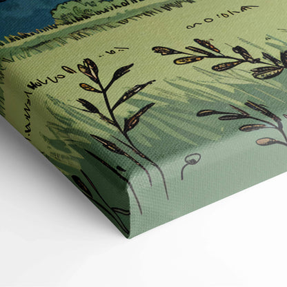 Peaceful birch tree meadow canvas art in pastel greens and sky blues