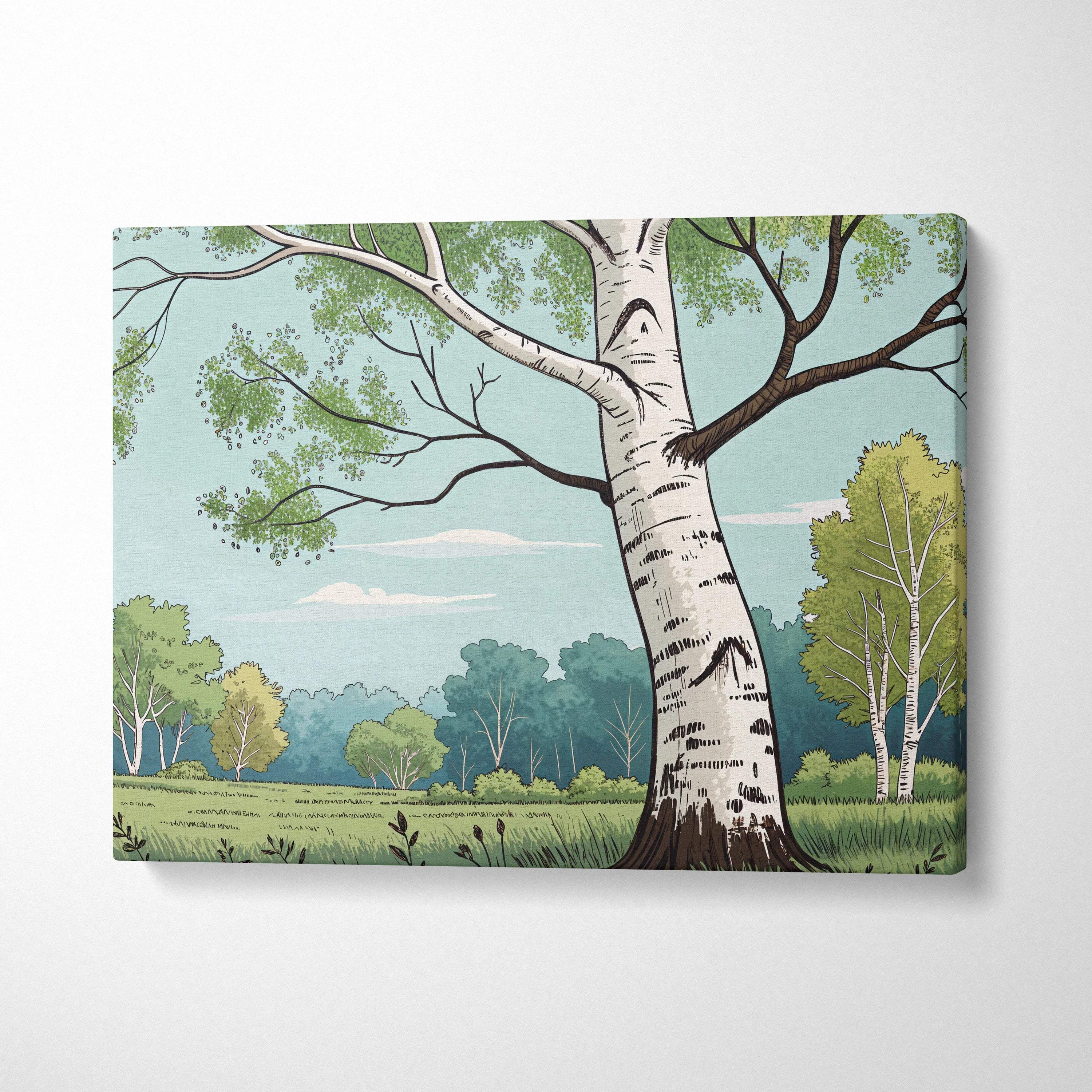 Peaceful birch tree in meadow canvas art with white bark and pastel greens