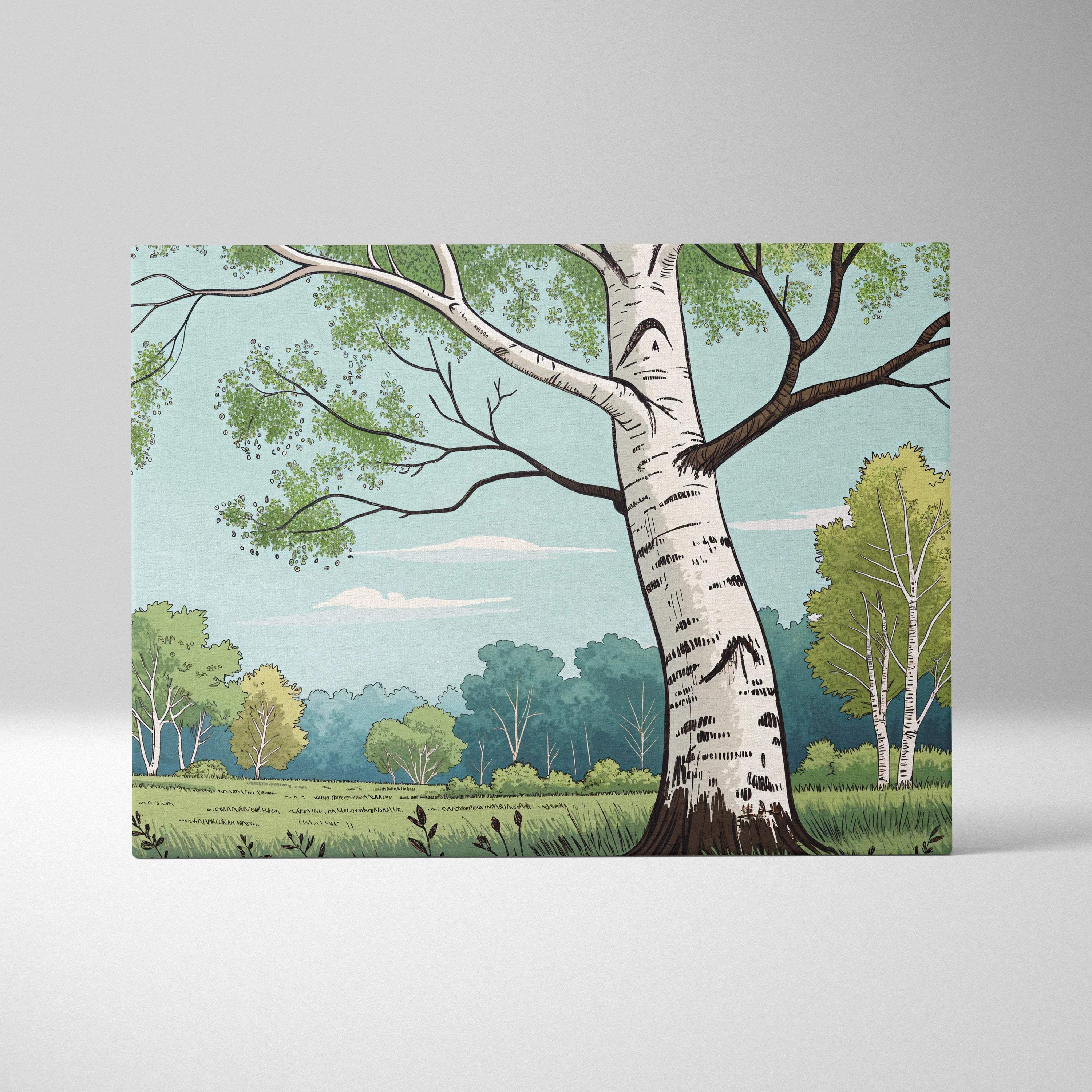Peaceful birch tree in meadow landscape canvas wall art, pastel greens and sky blues