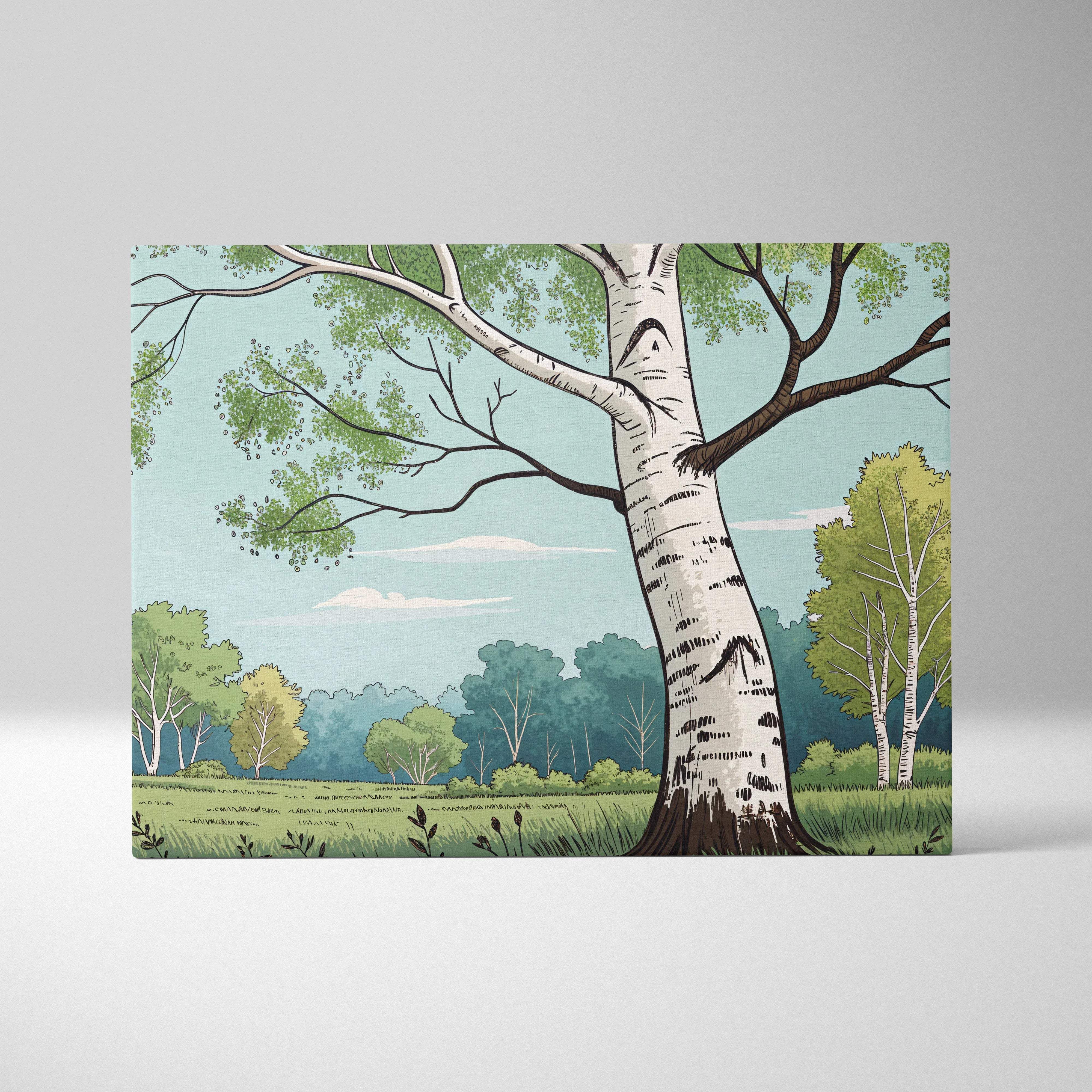 Peaceful birch tree in meadow landscape canvas wall art, pastel greens and sky blues