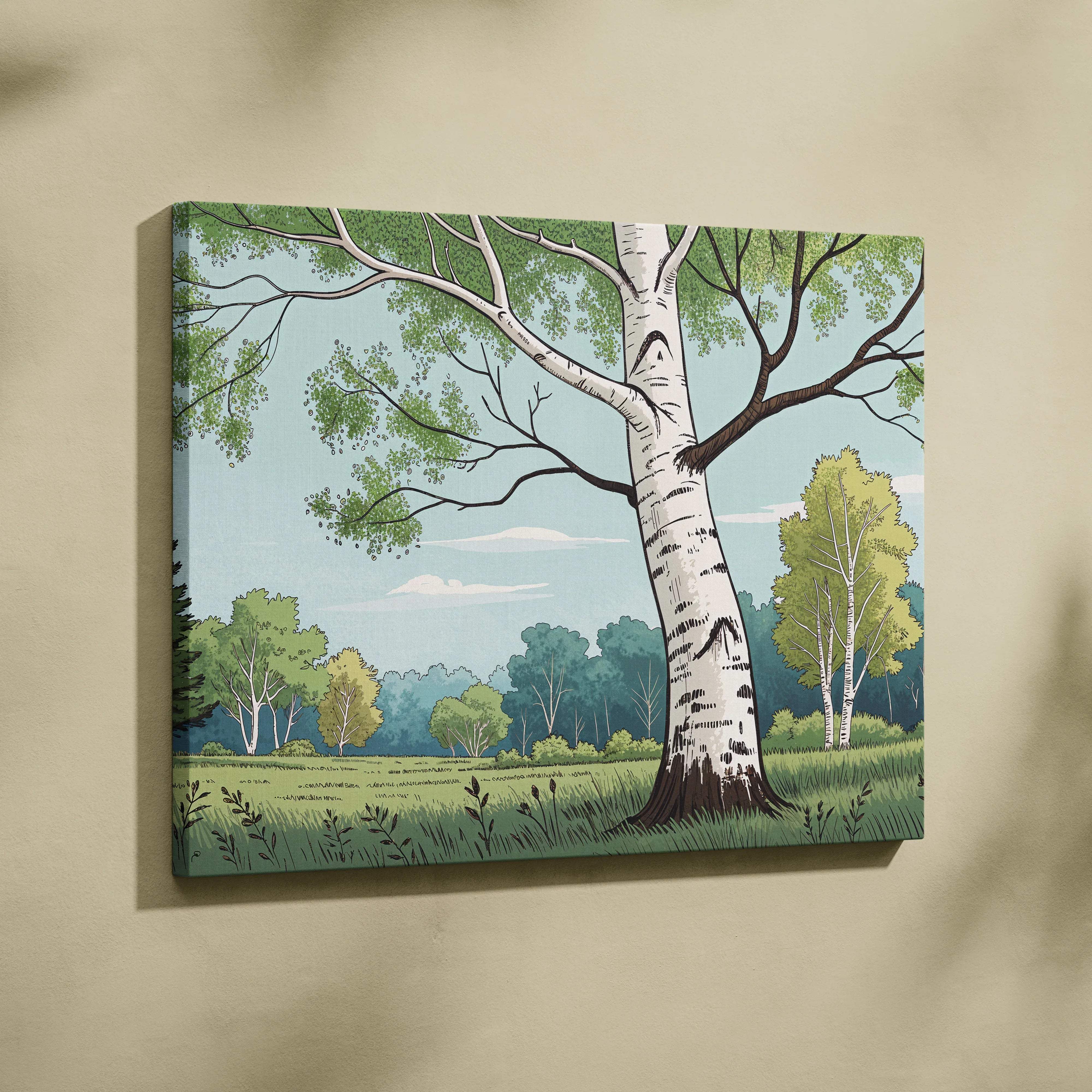 Peaceful birch tree in meadow canvas wall art with pastel greens and sky blues