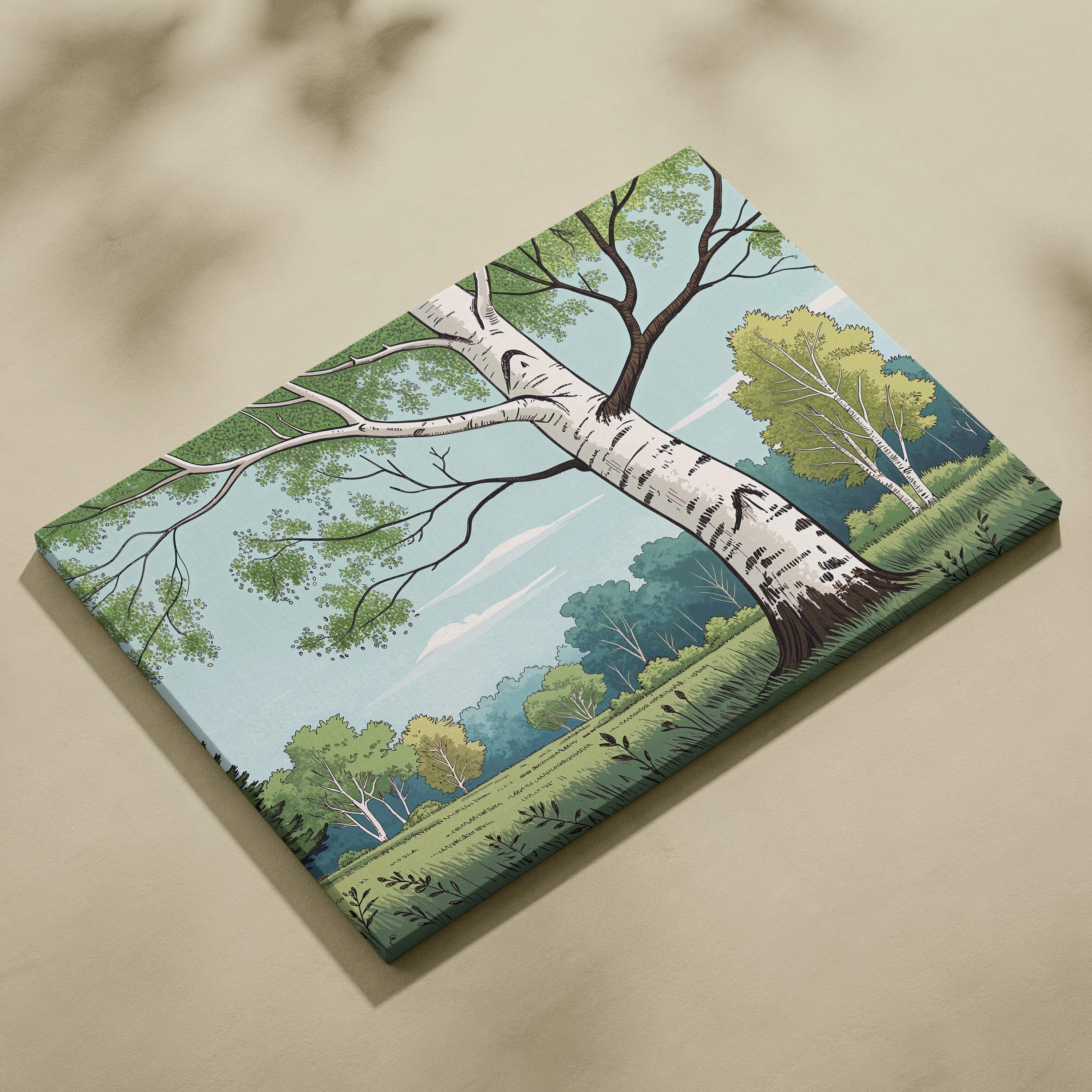 Peaceful birch tree in meadow canvas wall art with pastel greens and sky blues