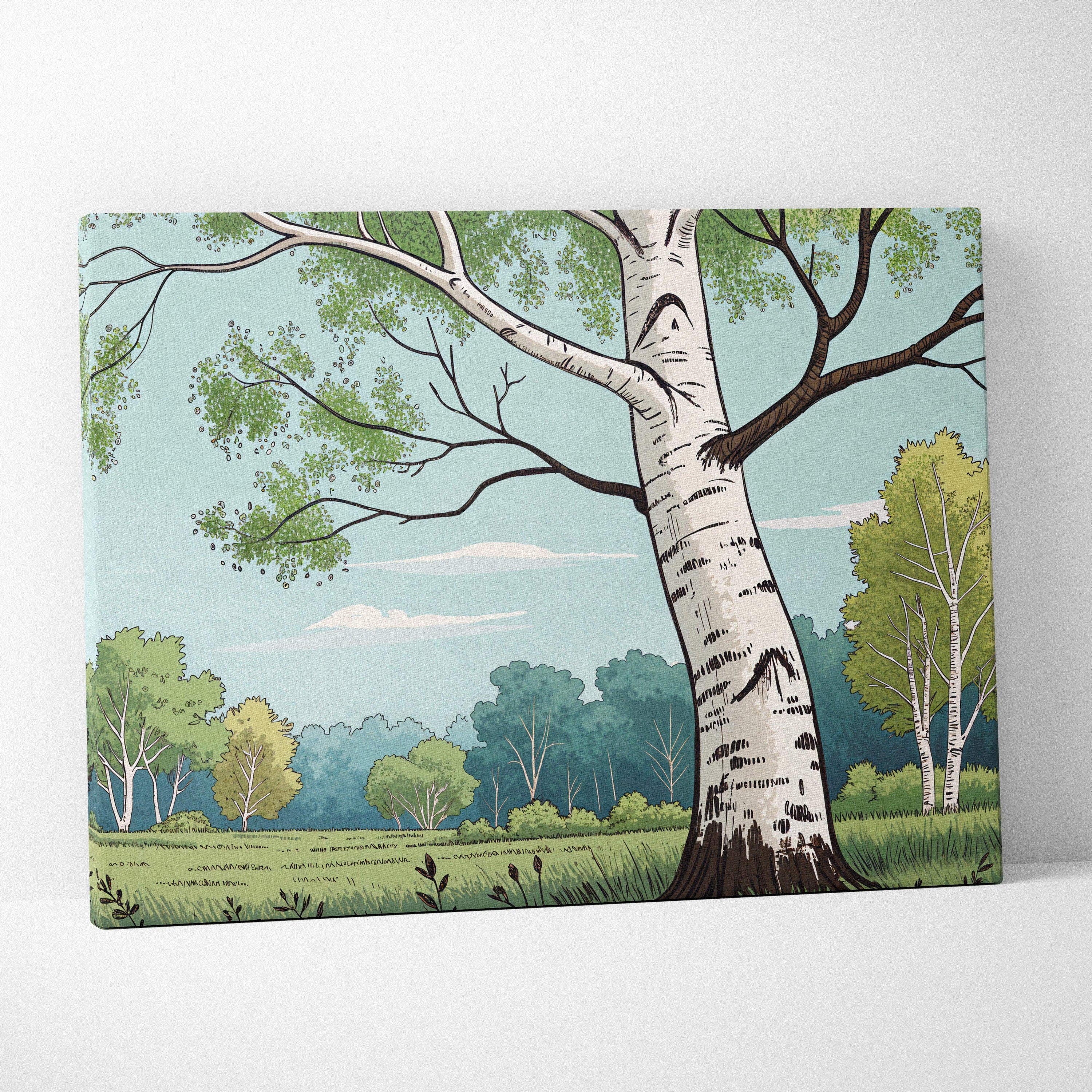 Peaceful birch tree in meadow canvas wall art with pastel greens and blues