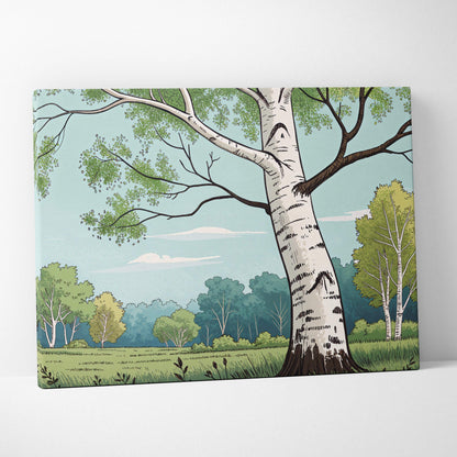 Peaceful birch tree in meadow canvas wall art with pastel greens and blues