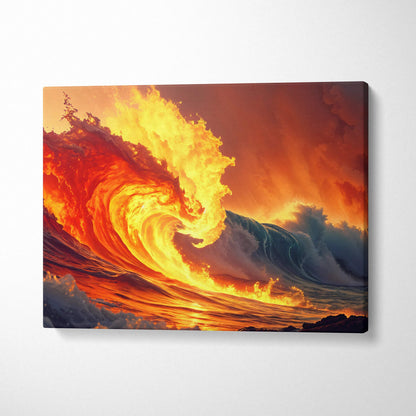 Vibrant fiery orange wave crashing in golden light on canvas wall art