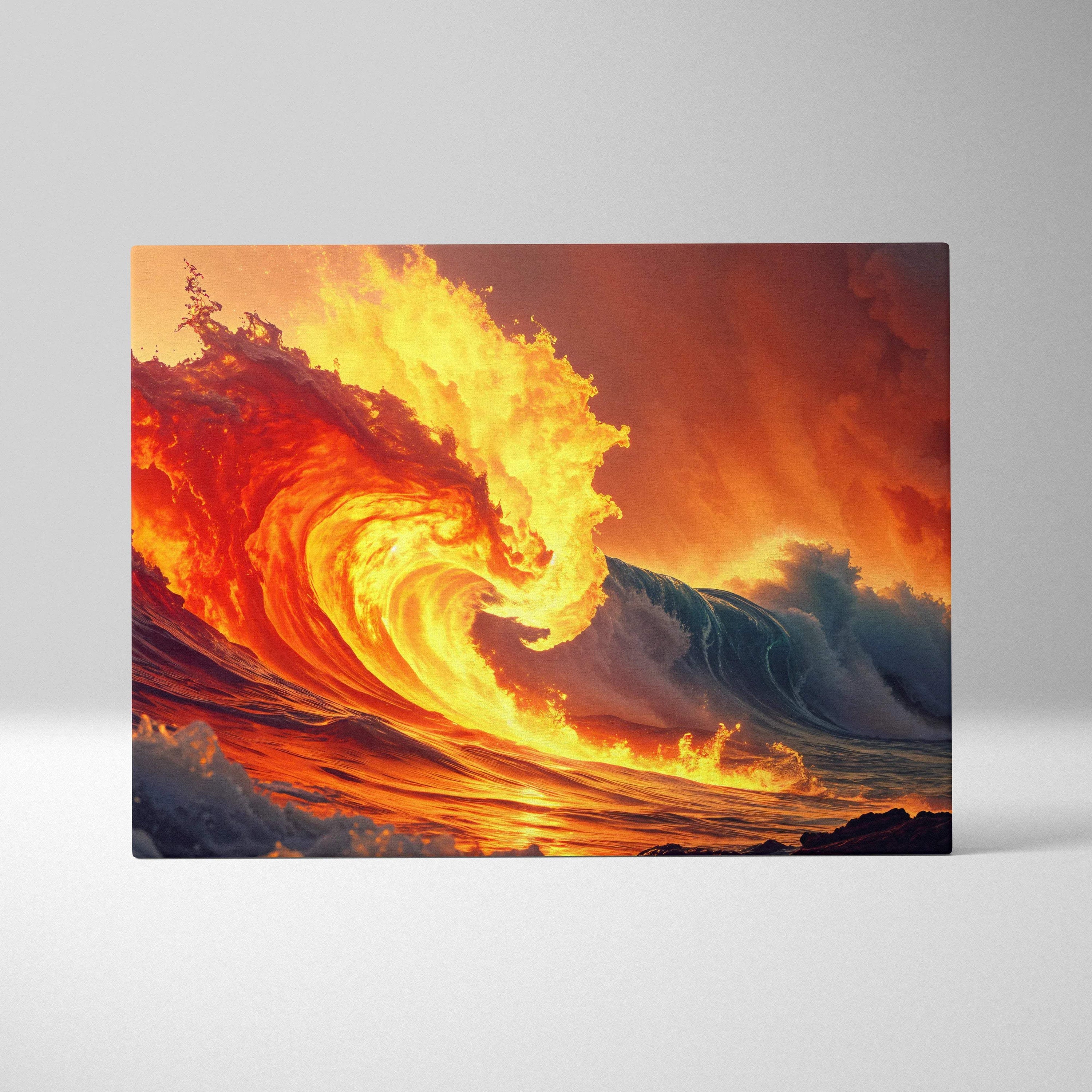 Vibrant fiery orange wave crashing amid golden light ocean canvas wall art
