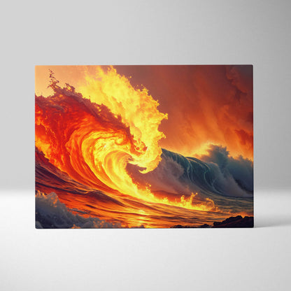 Vibrant fiery orange wave crashing amid golden light ocean canvas wall art