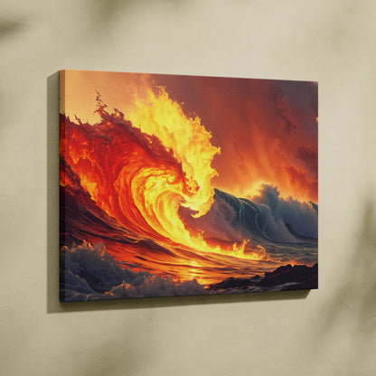 Vibrant fiery orange wave crashing on ocean canvas wall art