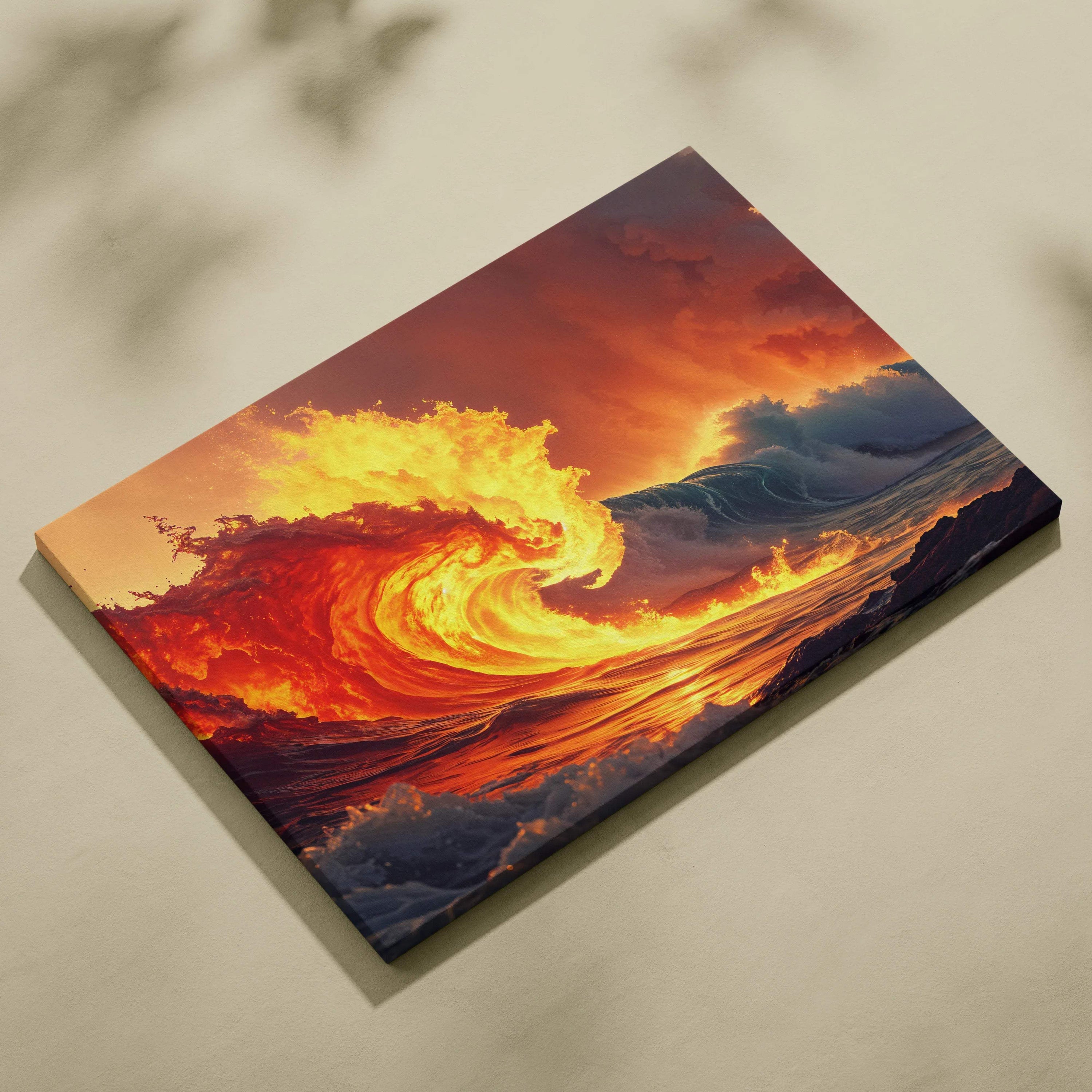 Vibrant fiery orange wave crashing amid golden light on canvas wall art