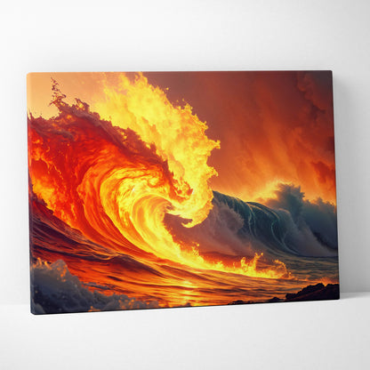 Vibrant fiery orange wave crashing on canvas wall art with golden light