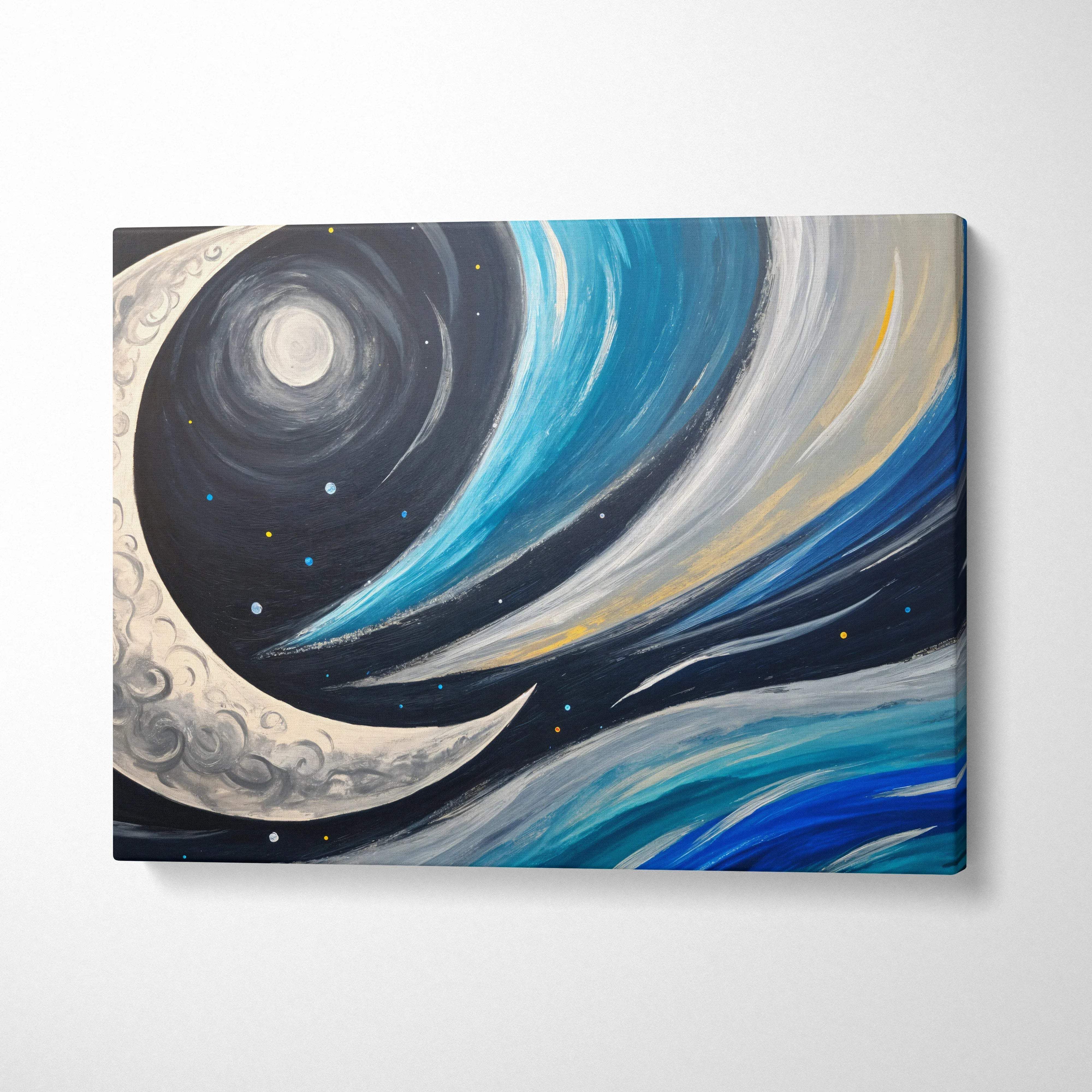 Crescent moon drifts through swirling blue night currents with stars cosmic canvas art