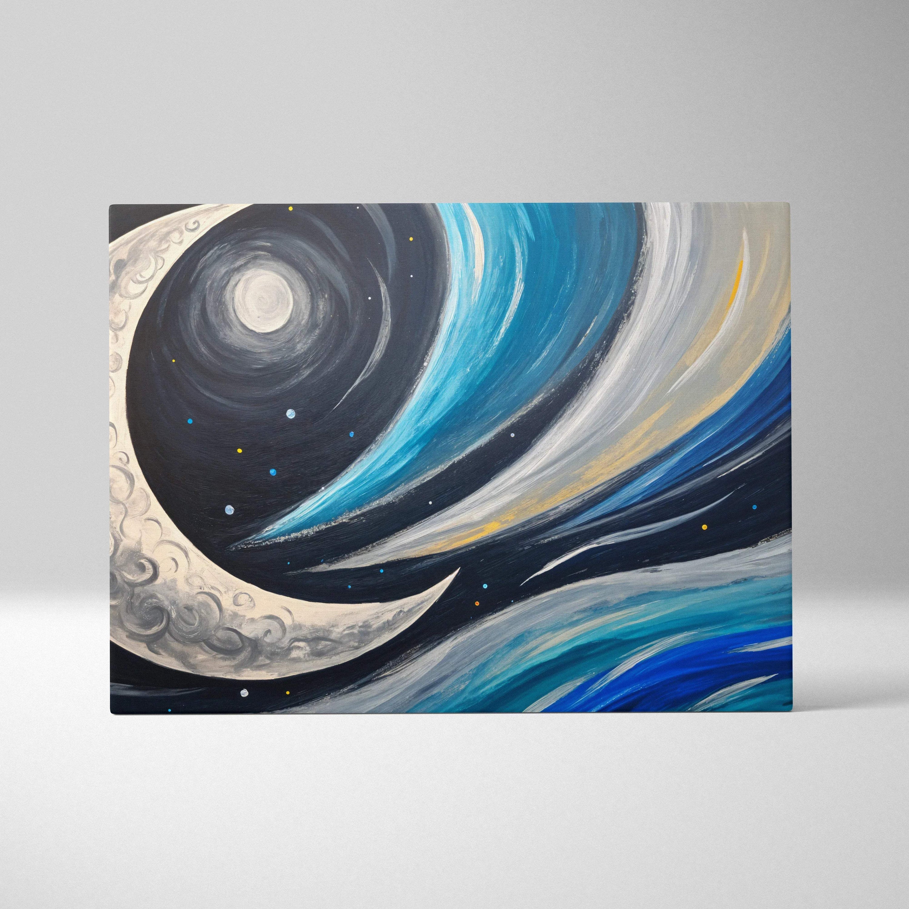 Crescent moon drifts through swirling blue night currents with stars canvas art