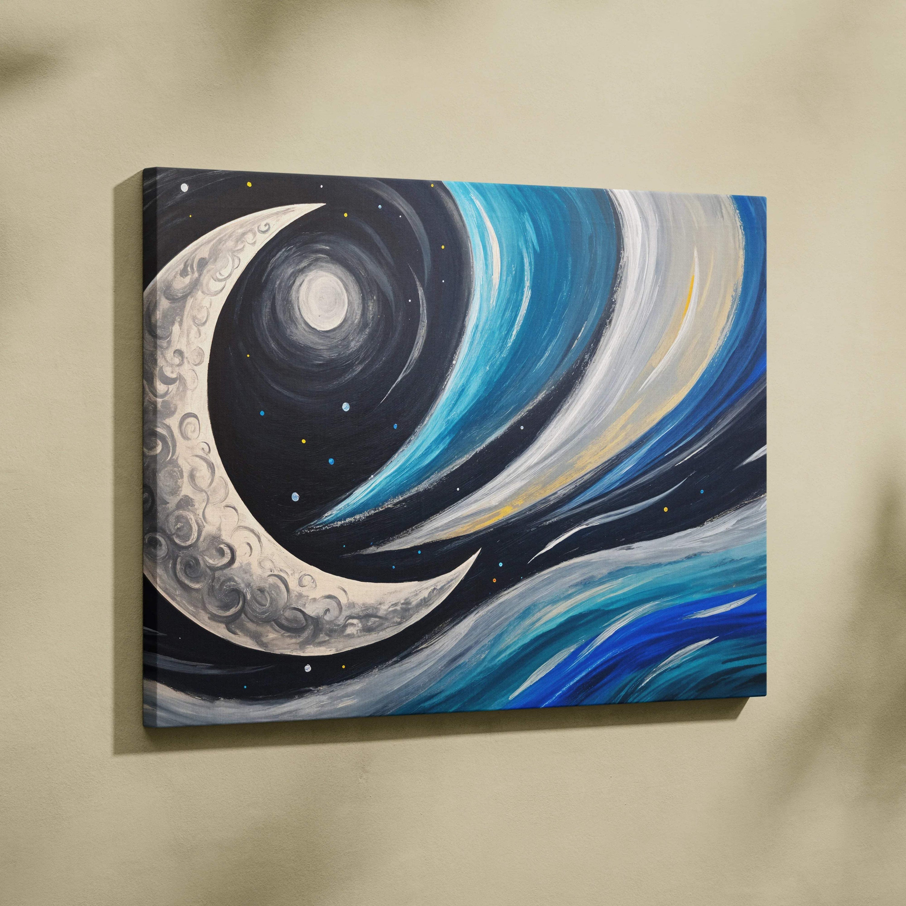 Crescent moon drifts through swirling blue night currents with stars canvas art