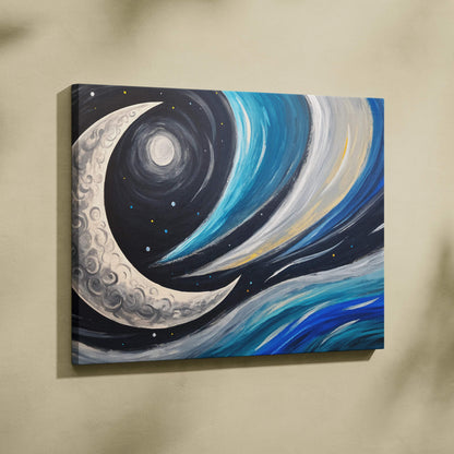 Crescent moon drifts through swirling blue night currents with stars canvas art