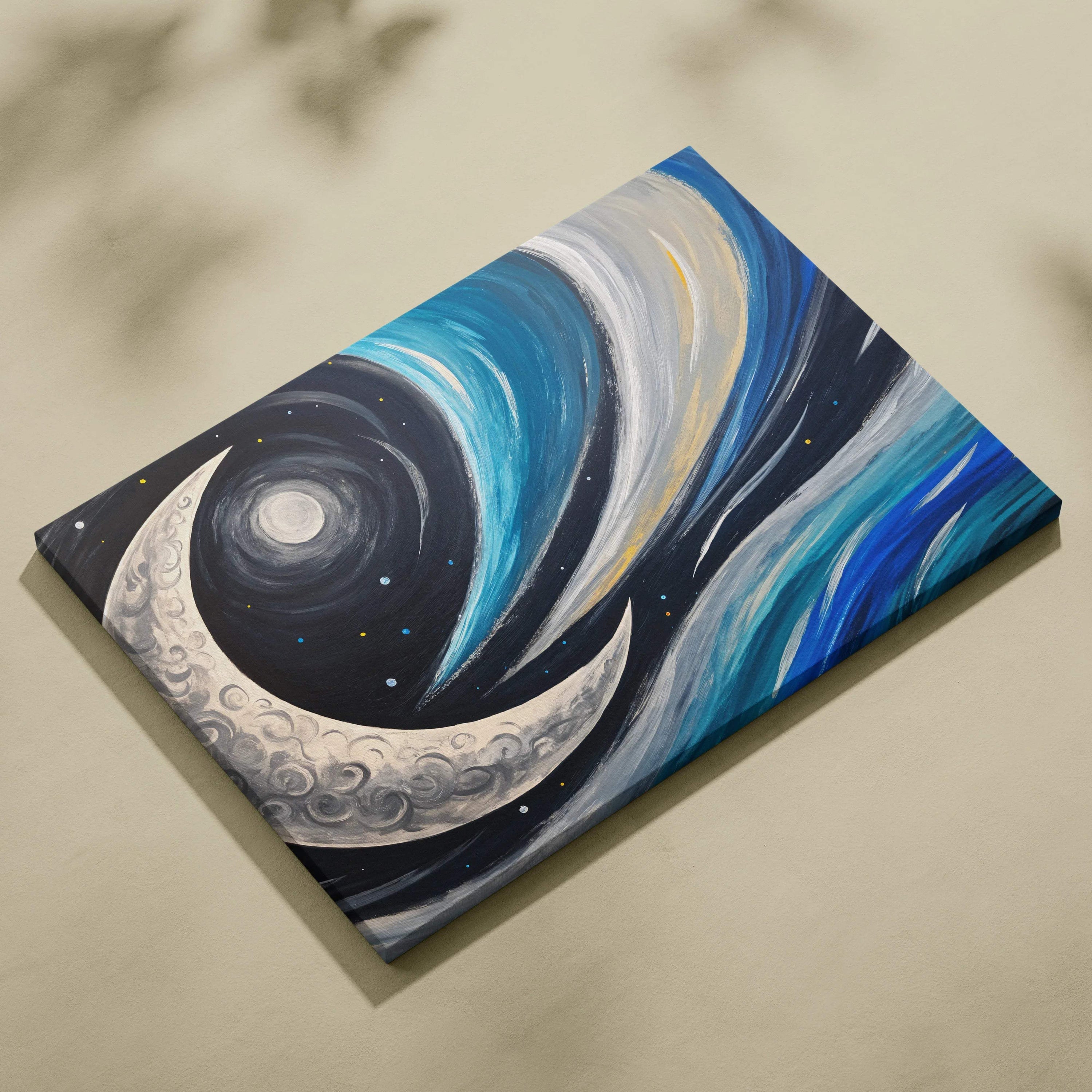 Crescent moon drifts through swirling blue night currents with stars canvas art