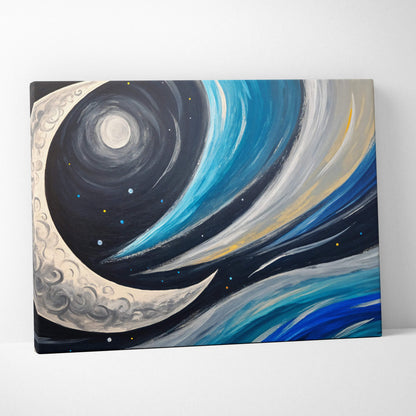 Crescent moon drifts through swirling blue night currents with stars canvas art