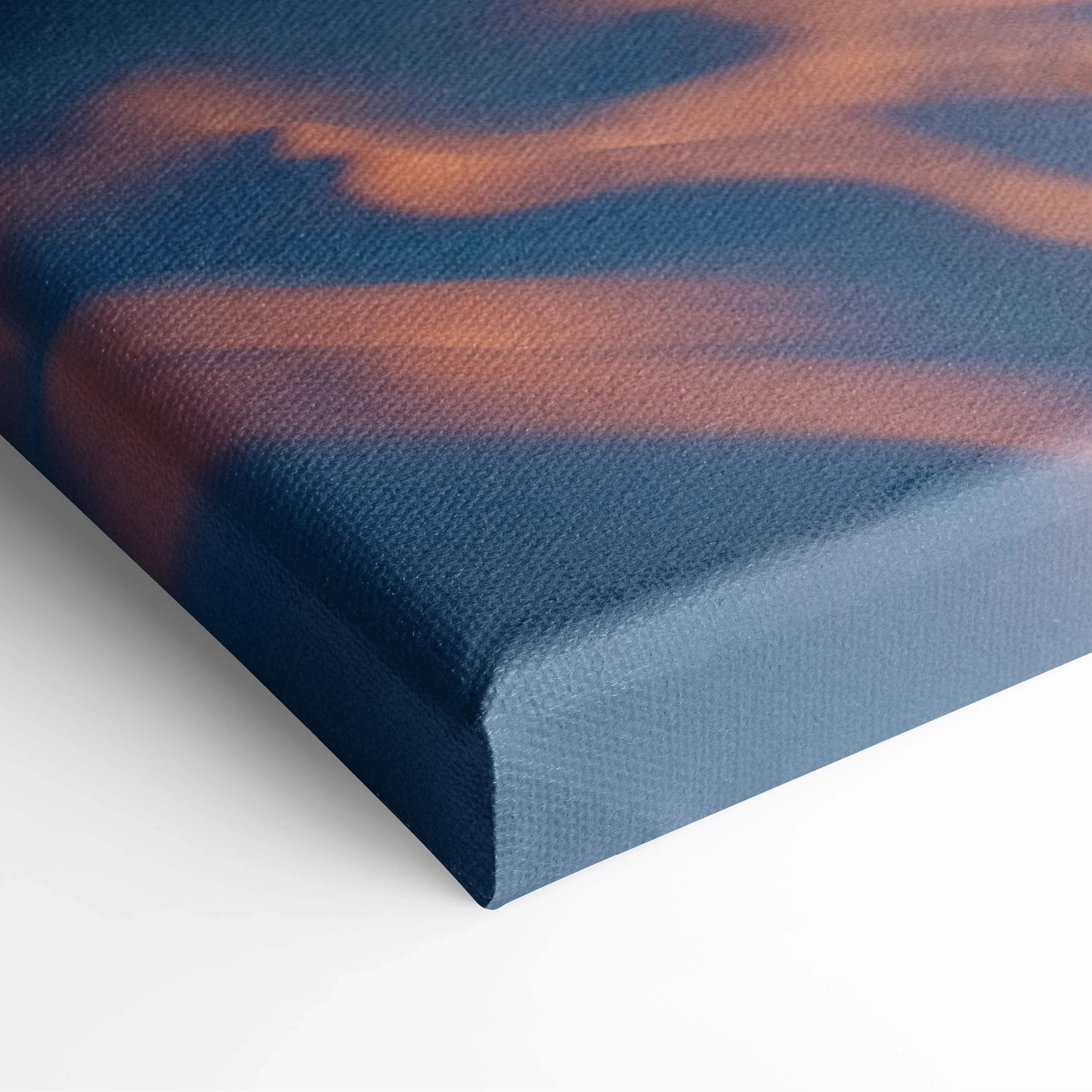 Blue canvas print of Winter Sunrise Stag on snowy forest road with orange brown brushstrokes