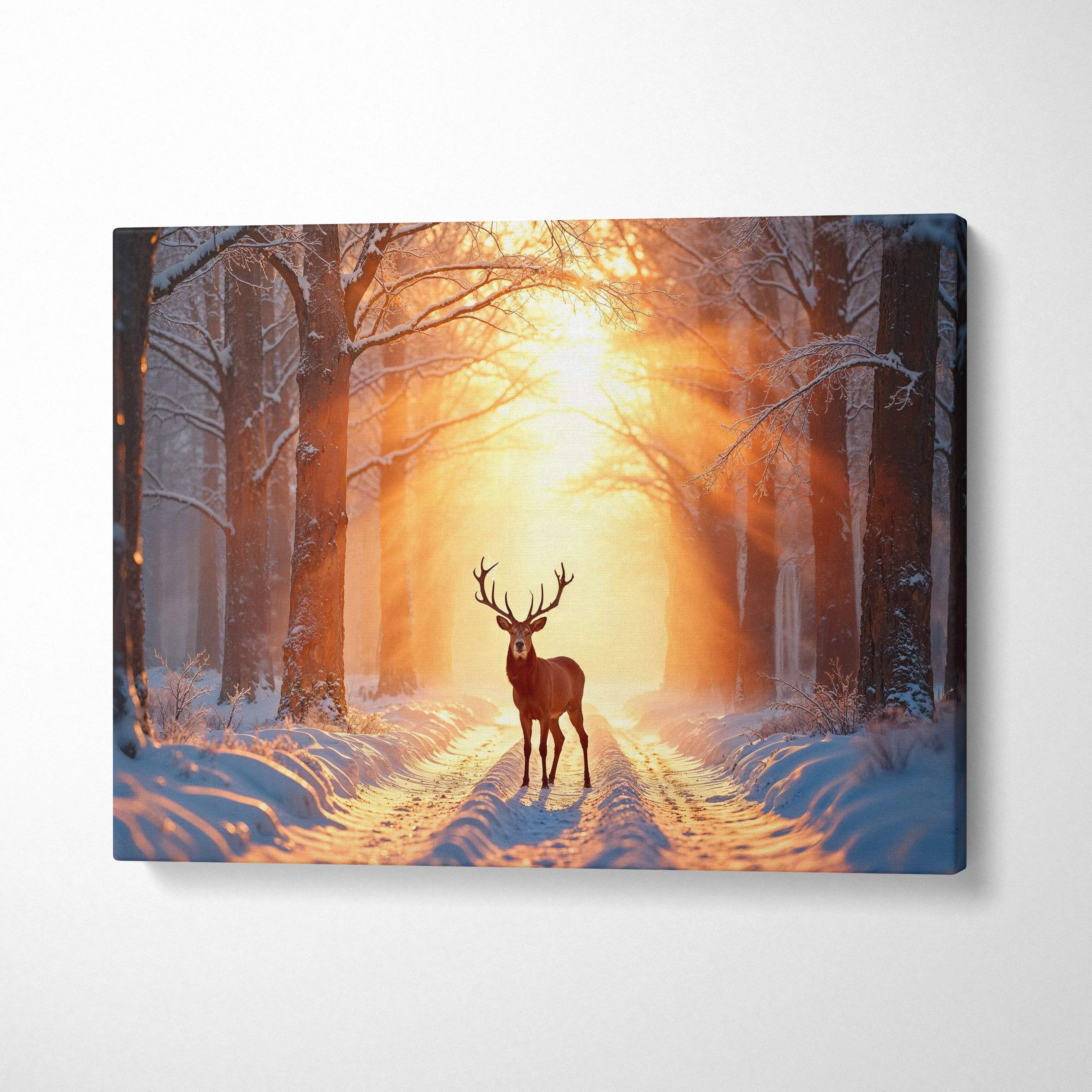 Majestic stag in snow-covered forest with golden sunrise light on canvas