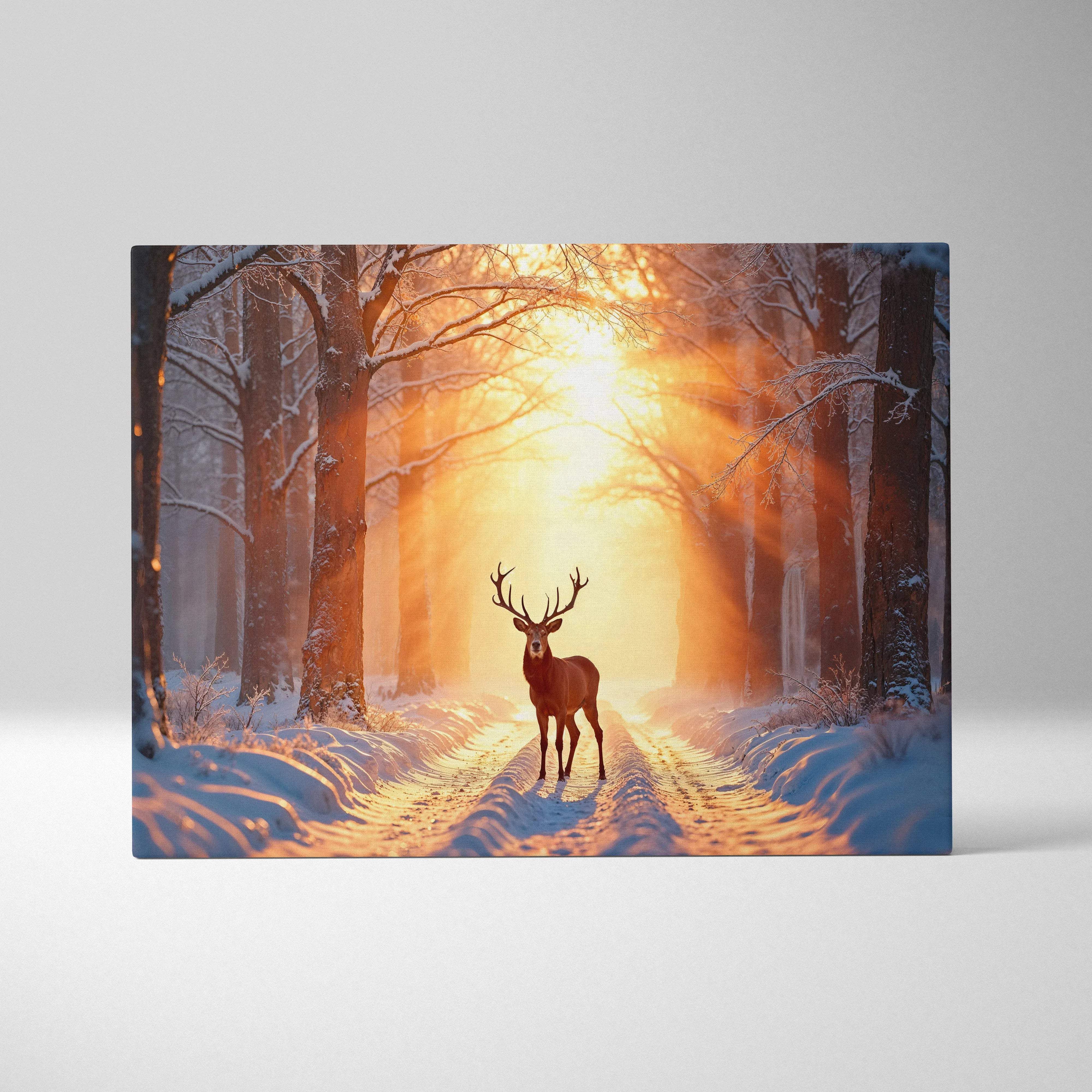 Majestic stag in snowy forest at winter sunrise with amber light canvas art