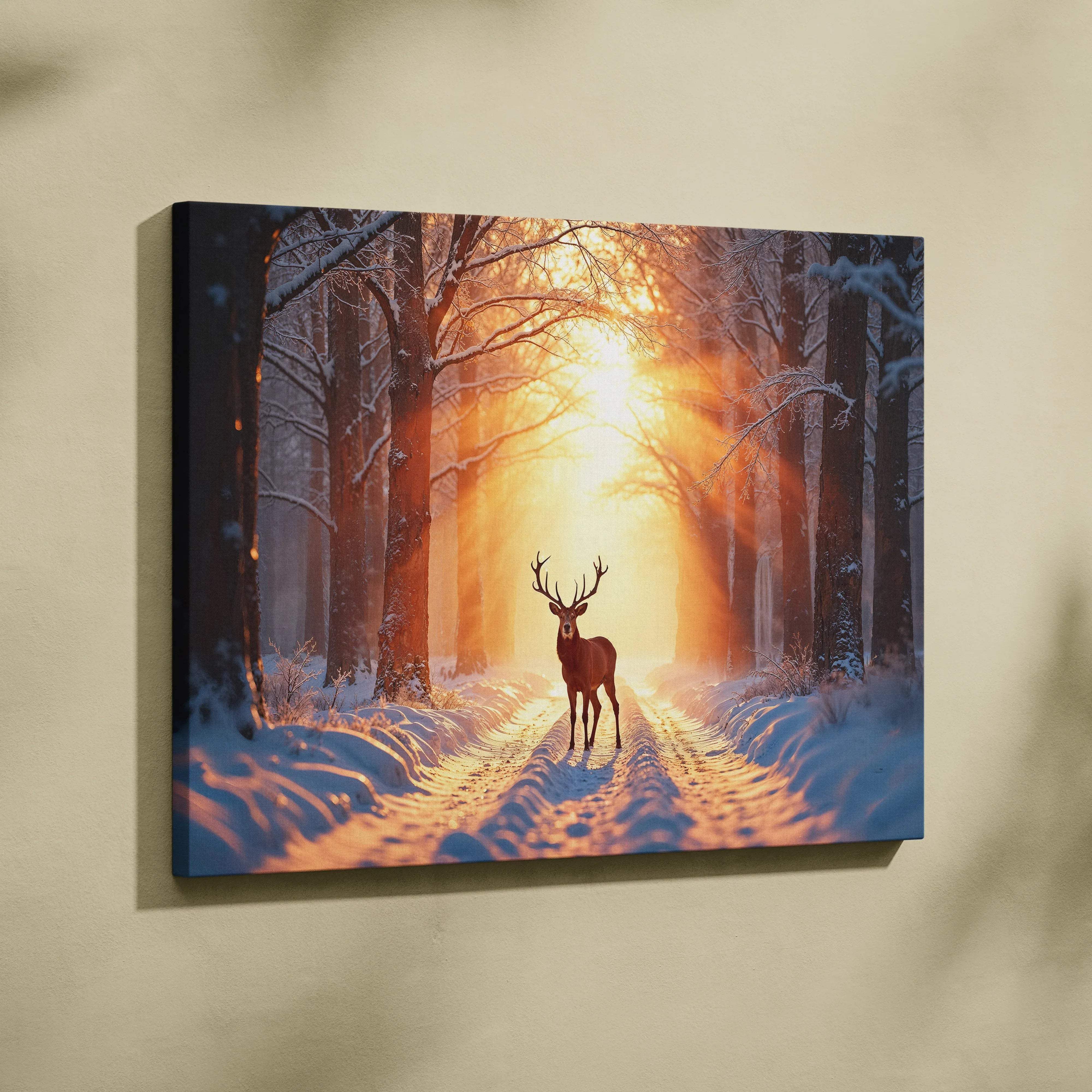 Majestic stag on snowy forest road at winter sunrise canvas art
