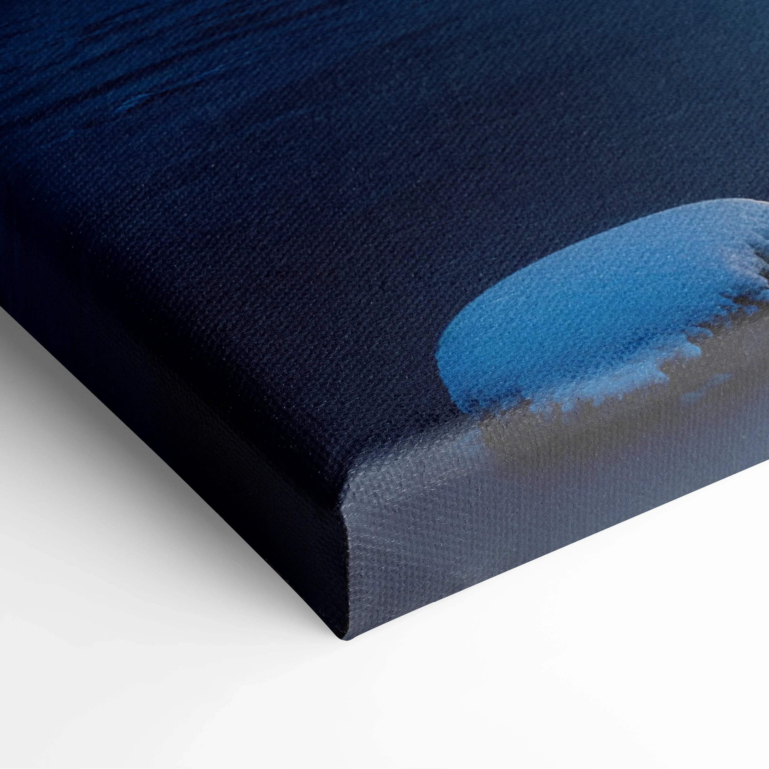 Deep navy canvas print of dreamlike winter deer in moonlit river scene