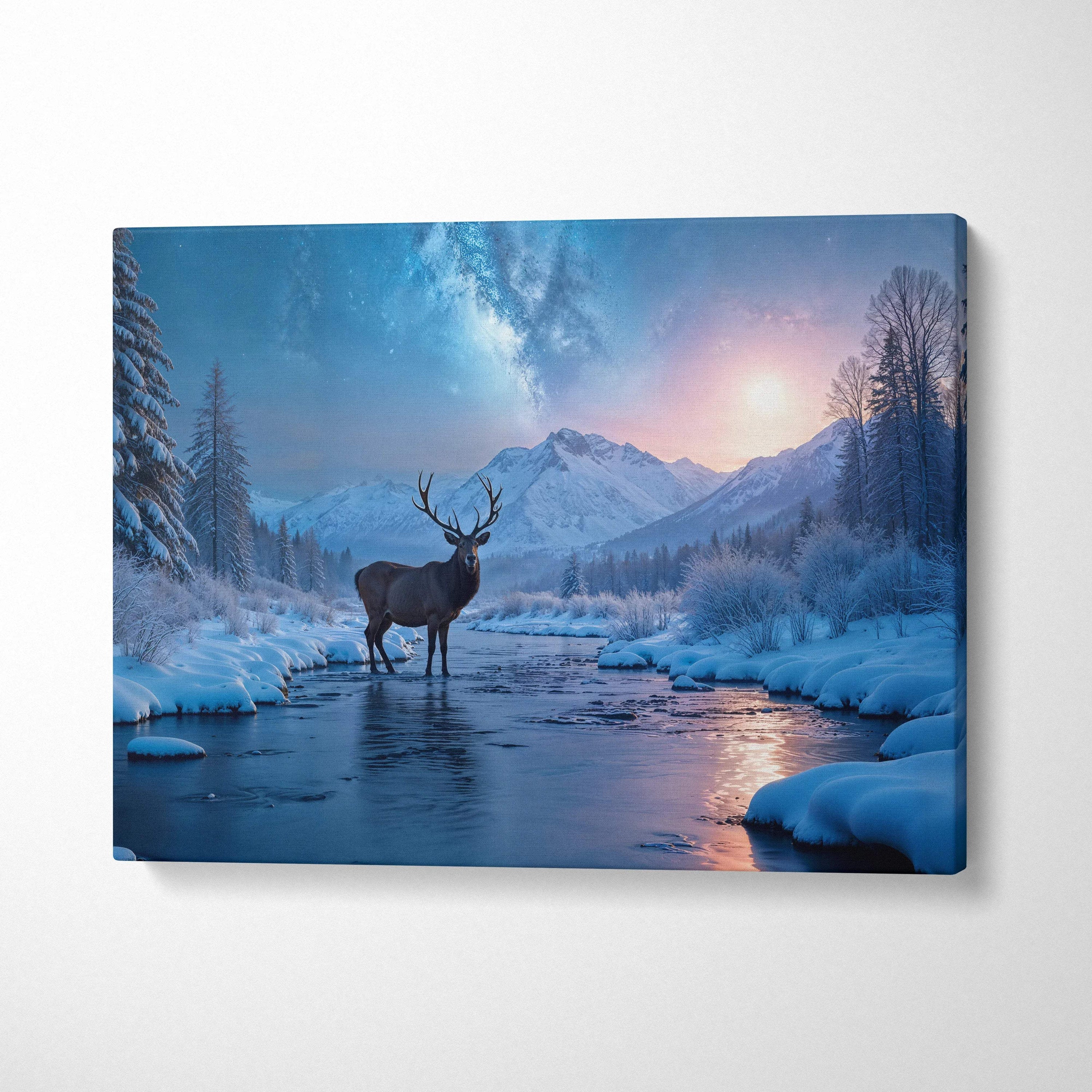 Snowy canvas print of majestic deer in frozen stream under twilight mountains