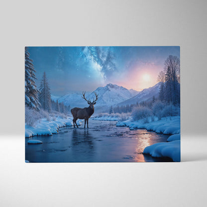 Snowy canvas print of majestic brown stag in frozen river under twilight sky