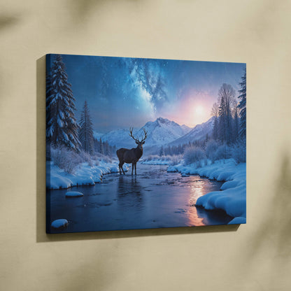 Majestic stag in frozen moonlit river, snowy mountains canvas art